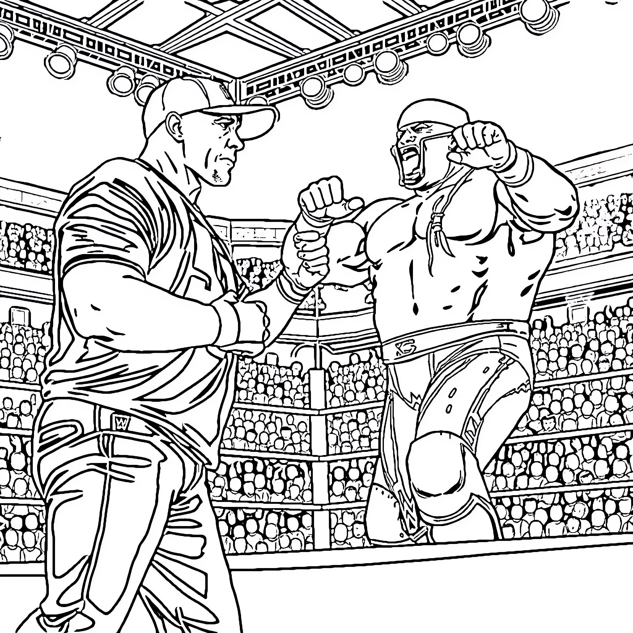 John Cena wrestling match in the ring Coloring Page (free black-and-white line drawing printable PDF for all, from beginners to advanced learners, including children, teens, adults, and seniors)