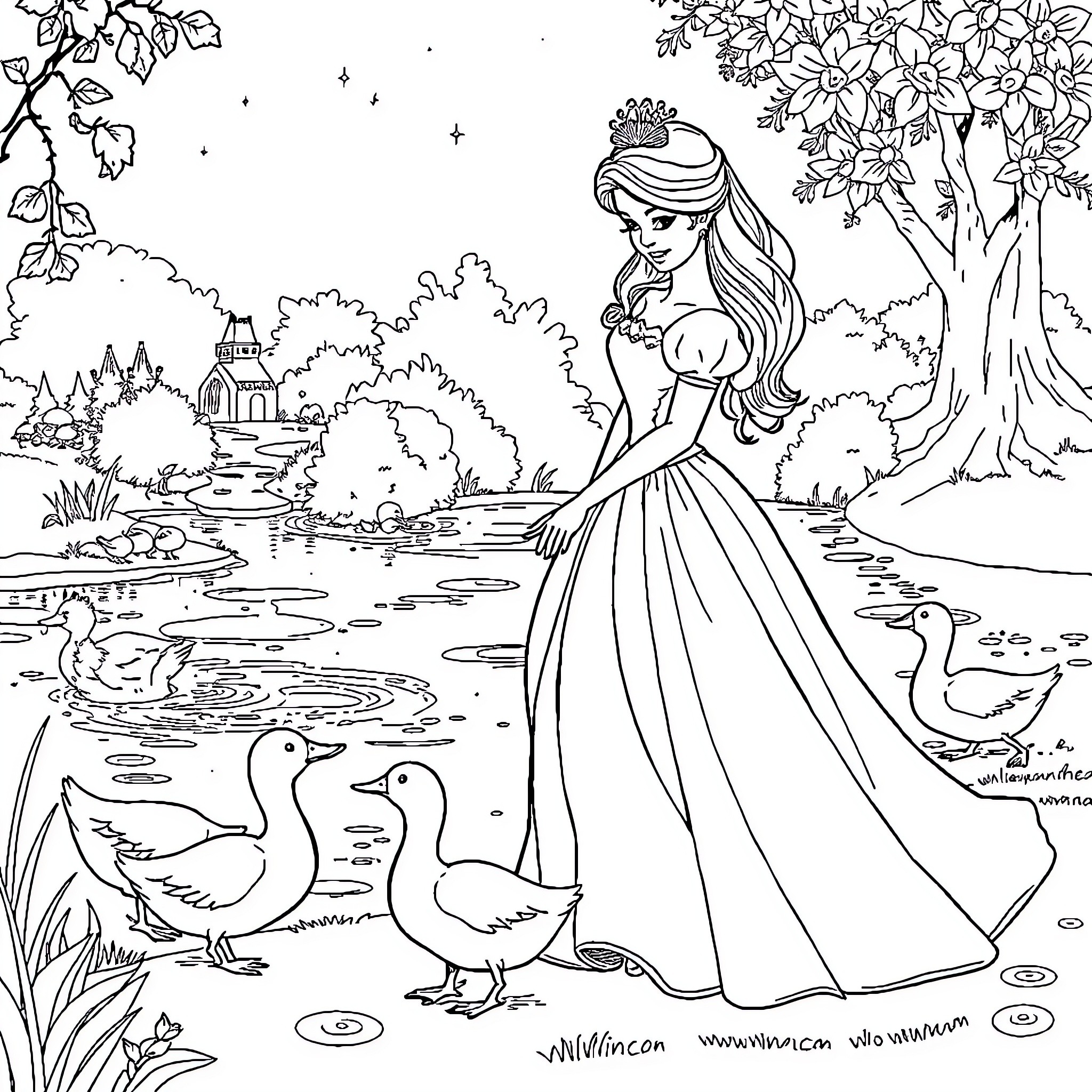 Princess in Enchanted Garden with Ducks Coloring Page (free black-and-white line drawing printable PDF for all, from beginners to advanced learners, including children, teens, adults, and seniors)