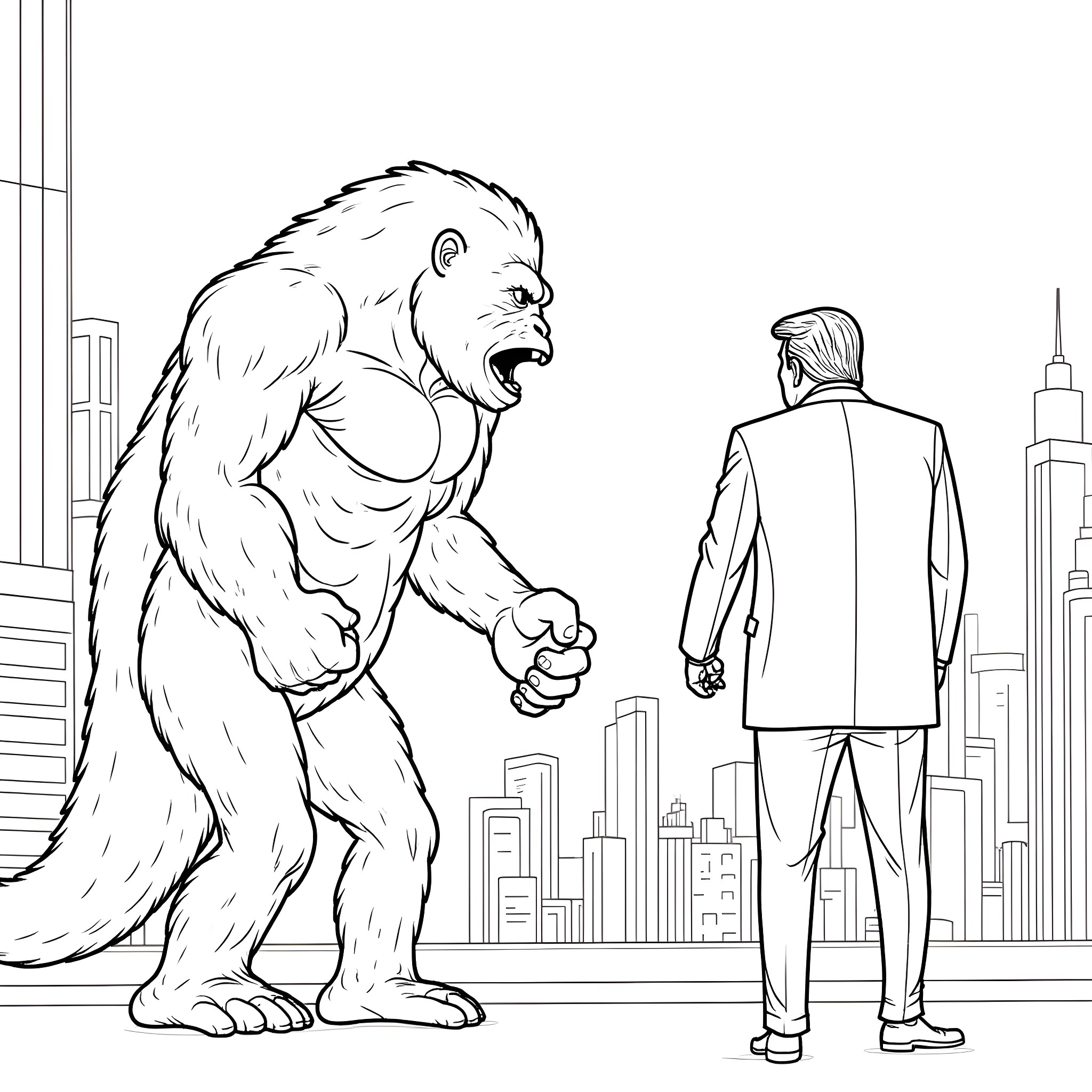 Trump Confronting a Menacing Creature in the City Coloring Page (free black-and-white line drawing printable PDF for all, from beginners to advanced learners, including children, teens, adults, and seniors)