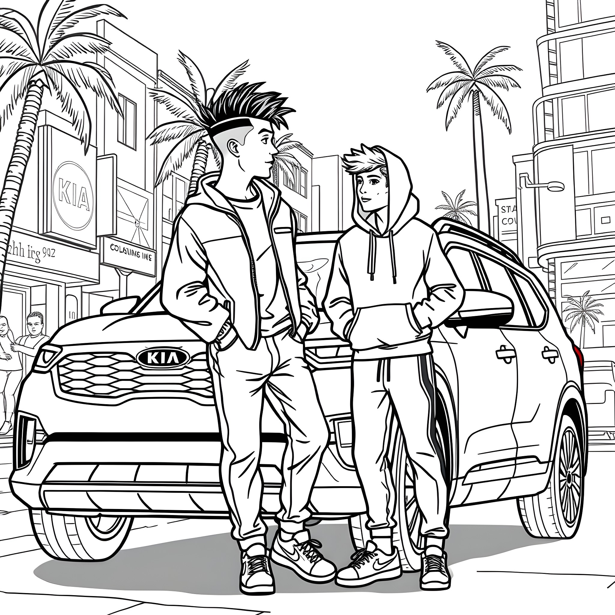 Guy with friends relaxing by parked car in city Coloring Page (free black-and-white line drawing printable PDF for all, from beginners to advanced learners, including children, teens, adults, and seniors)