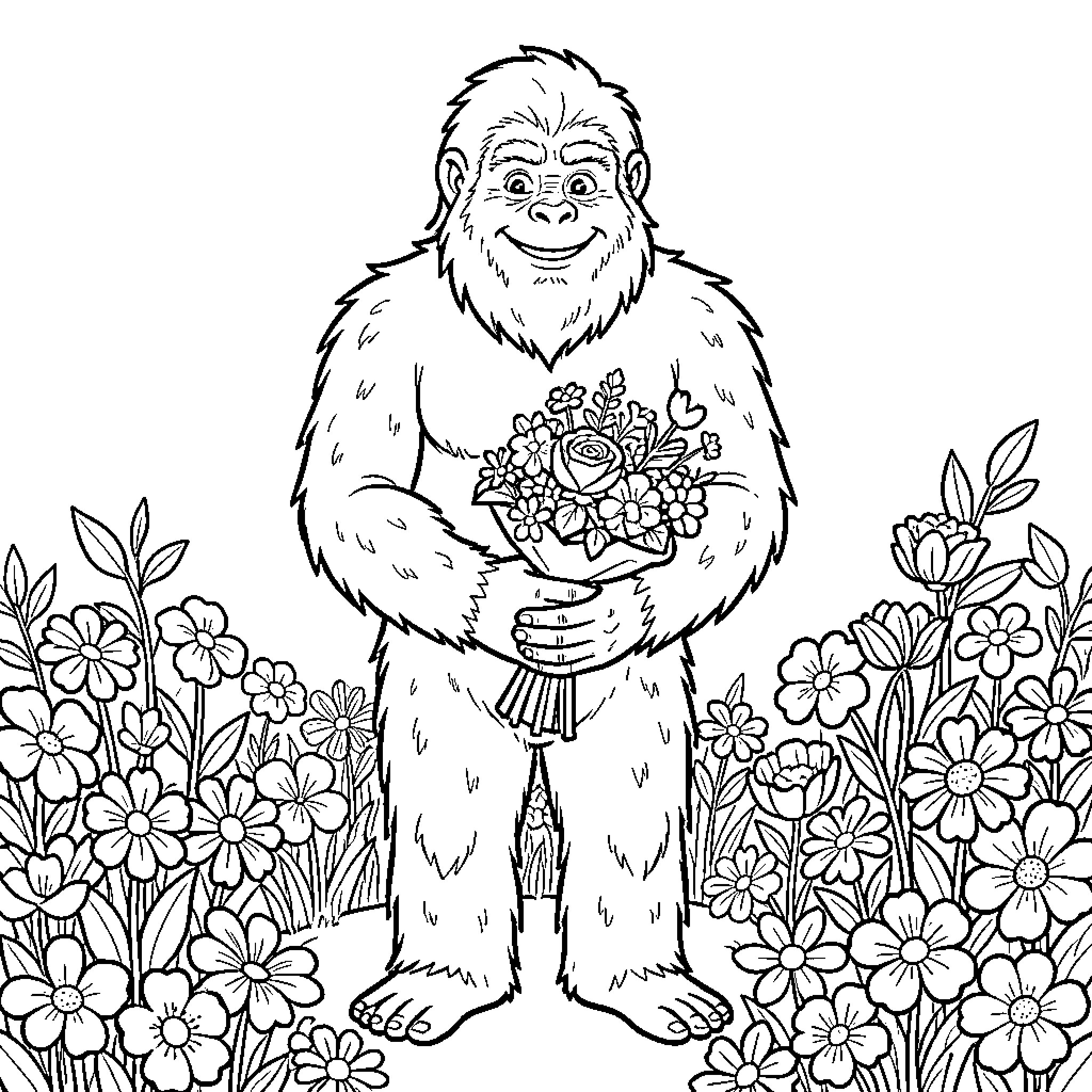 Bigfoot holding a bouquet of flowers in a floral meadow Coloring Page (free black-and-white line drawing printable PDF for all, from beginners to advanced learners, including children, teens, adults, and seniors)