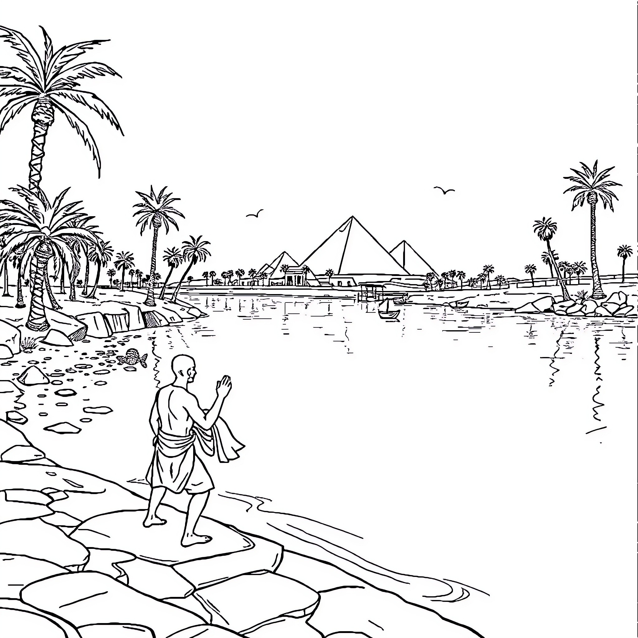 Boy strolling by the serene Nile River scene Coloring Page (free black-and-white line drawing printable PDF for all, from beginners to advanced learners, including children, teens, adults, and seniors)