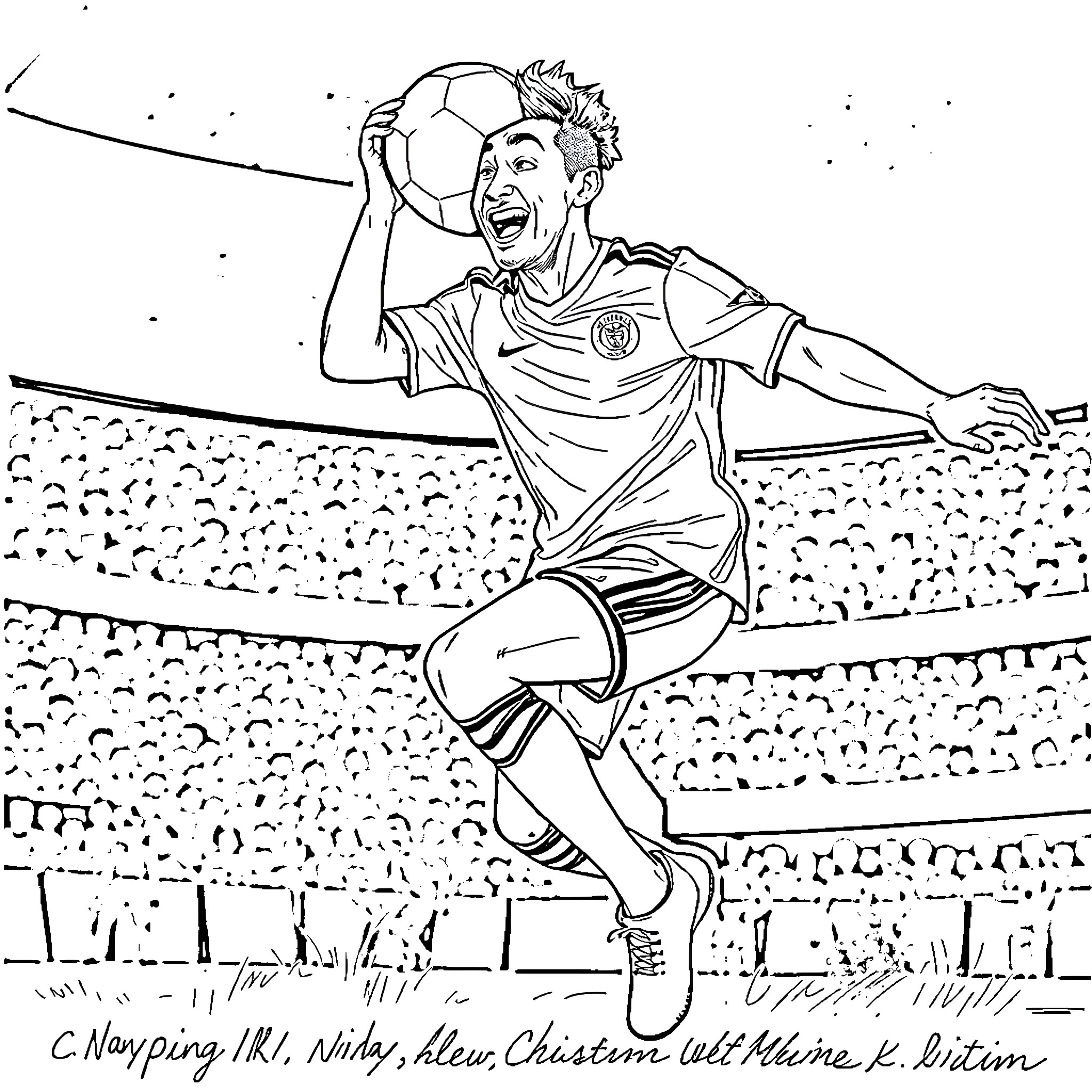 Lamine Yamal celebrating soccer victory on the field Coloring Page (free black-and-white line drawing printable PDF for all, from beginners to advanced learners, including children, teens, adults, and seniors)