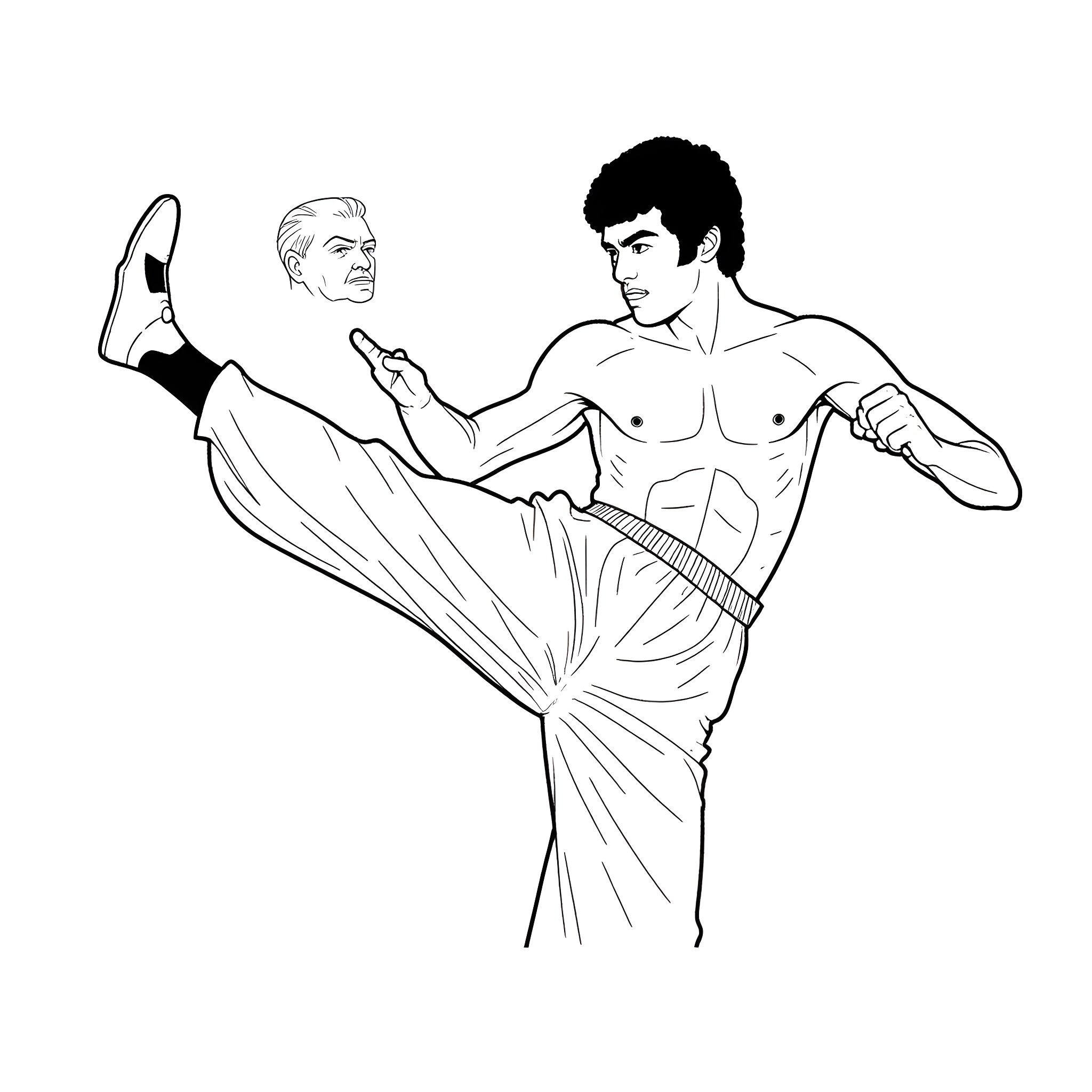 Bruce Lee's Legendary Martial Arts Moves Coloring Page (free black-and-white line drawing printable PDF for all, from beginners to advanced learners, including children, teens, adults, and seniors)