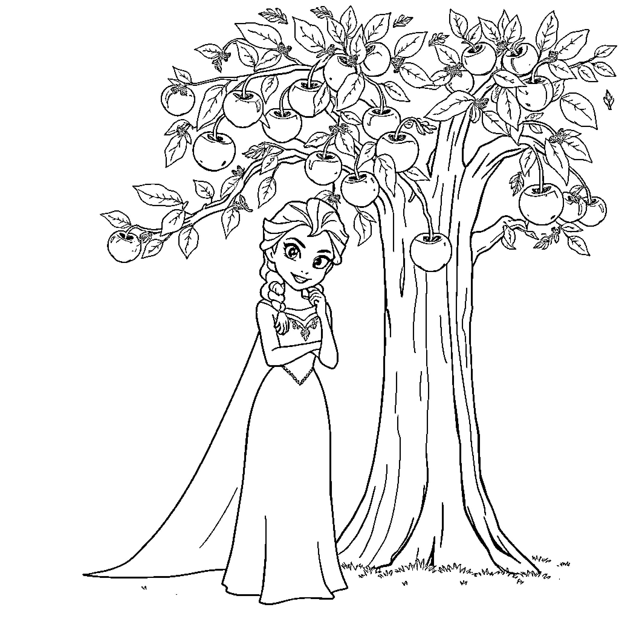 Elsa in a Magical Apple Tree Wonderland Coloring Page (free black-and-white line drawing printable PDF for all, from beginners to advanced learners, including children, teens, adults, and seniors)