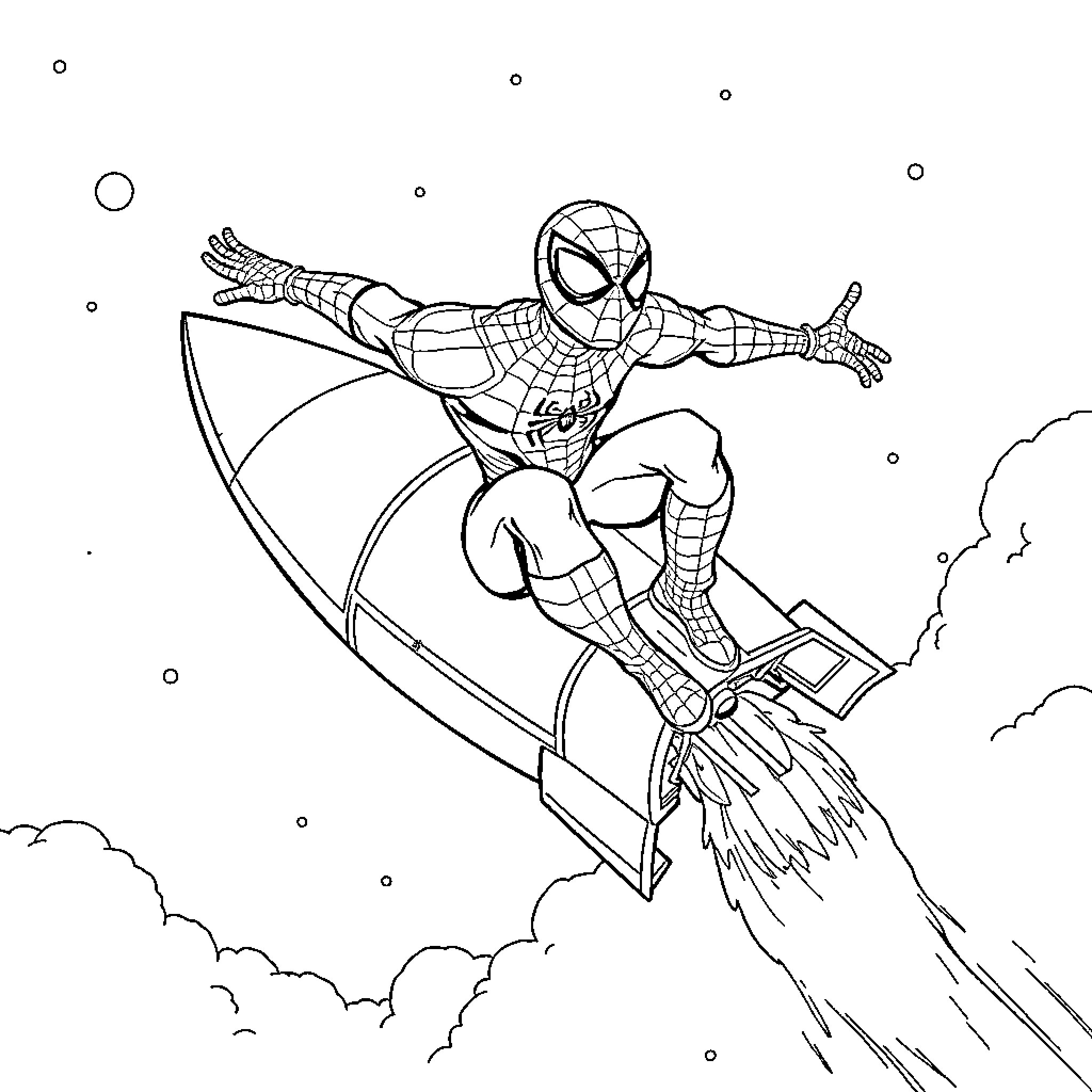 Spiderman soaring through the air with web-slinging action Coloring Page (free black-and-white line drawing printable PDF for all, from beginners to advanced learners, including children, teens, adults, and seniors)