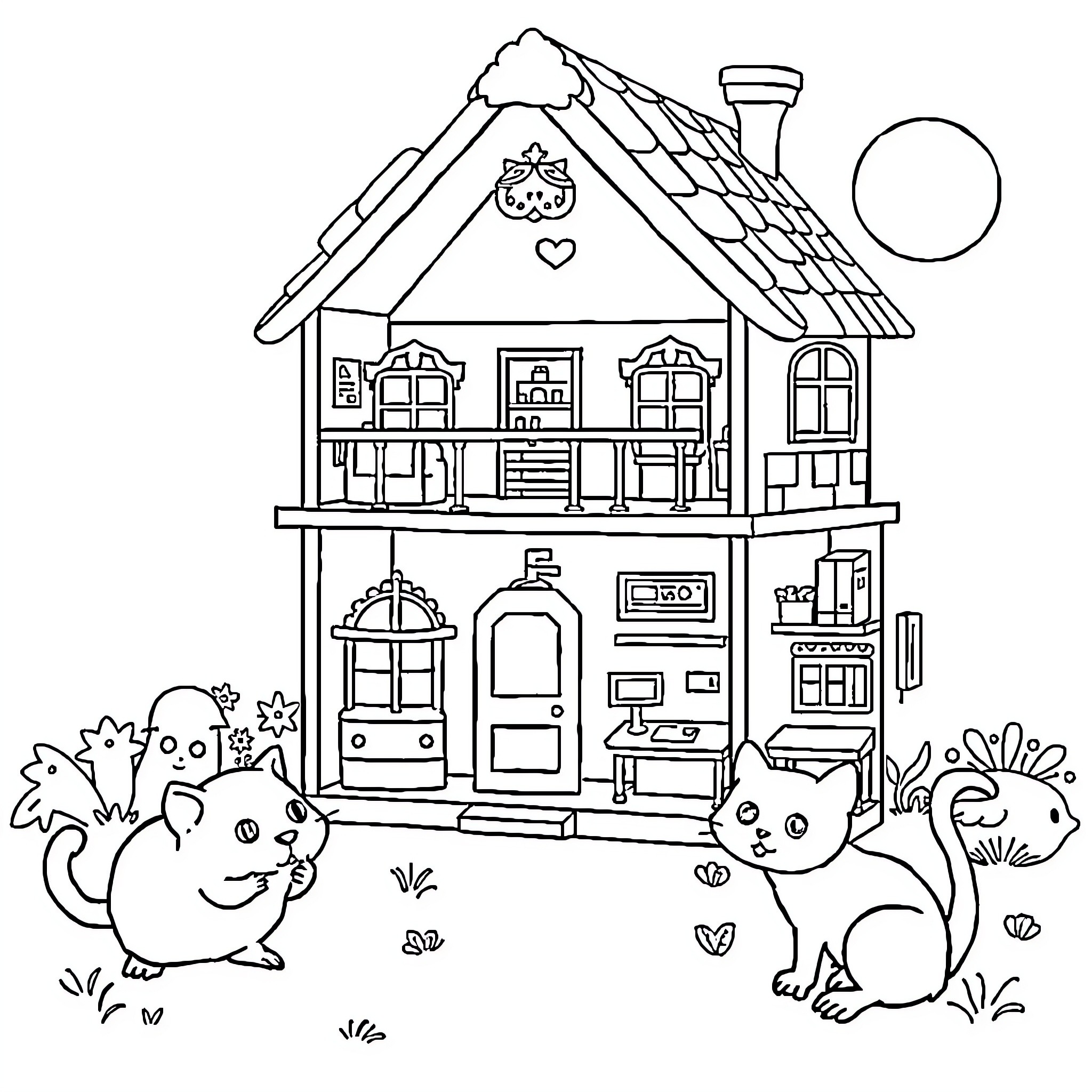 Hamsters enjoying a day at the cozy cottage Coloring Page (free black-and-white line drawing printable PDF for all, from beginners to advanced learners, including children, teens, adults, and seniors)