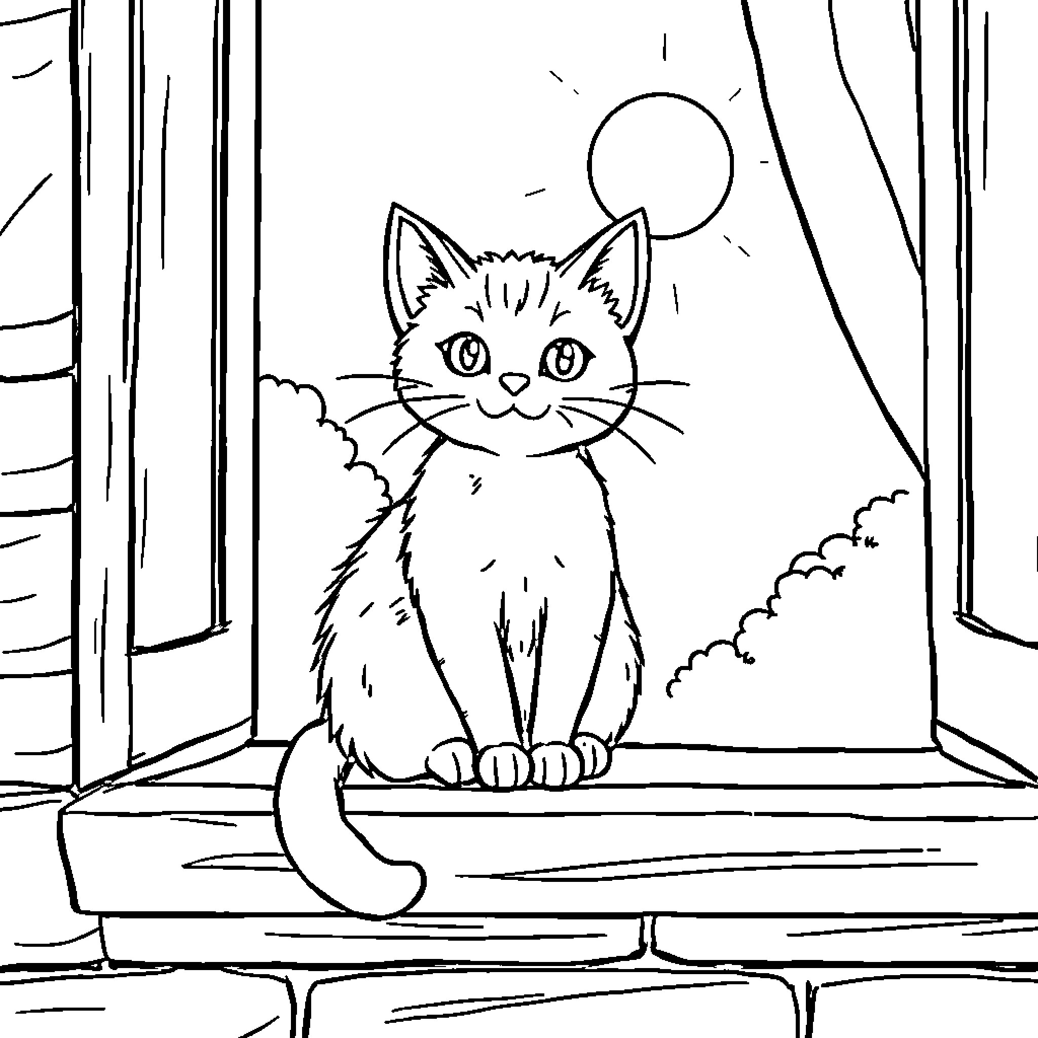 Cat on windowsill gazing at the moon Coloring Page (free black-and-white line drawing printable PDF for all, from beginners to advanced learners, including children, teens, adults, and seniors)