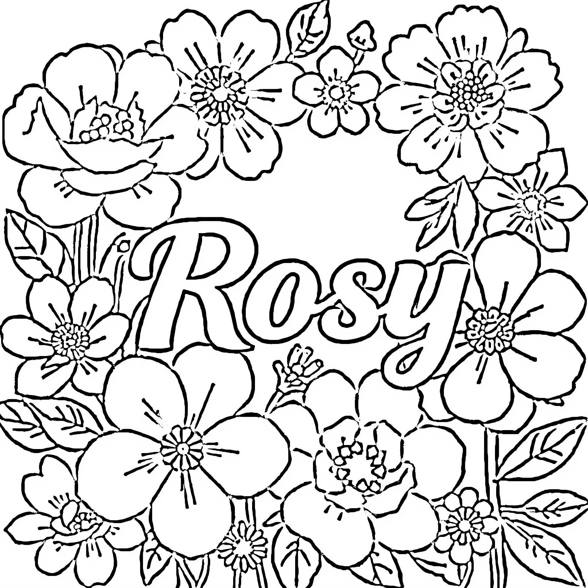 Rosy Floral Wreath with Delicate Blooms Coloring Page (free black-and-white line drawing printable PDF for all, from beginners to advanced learners, including children, teens, adults, and seniors)