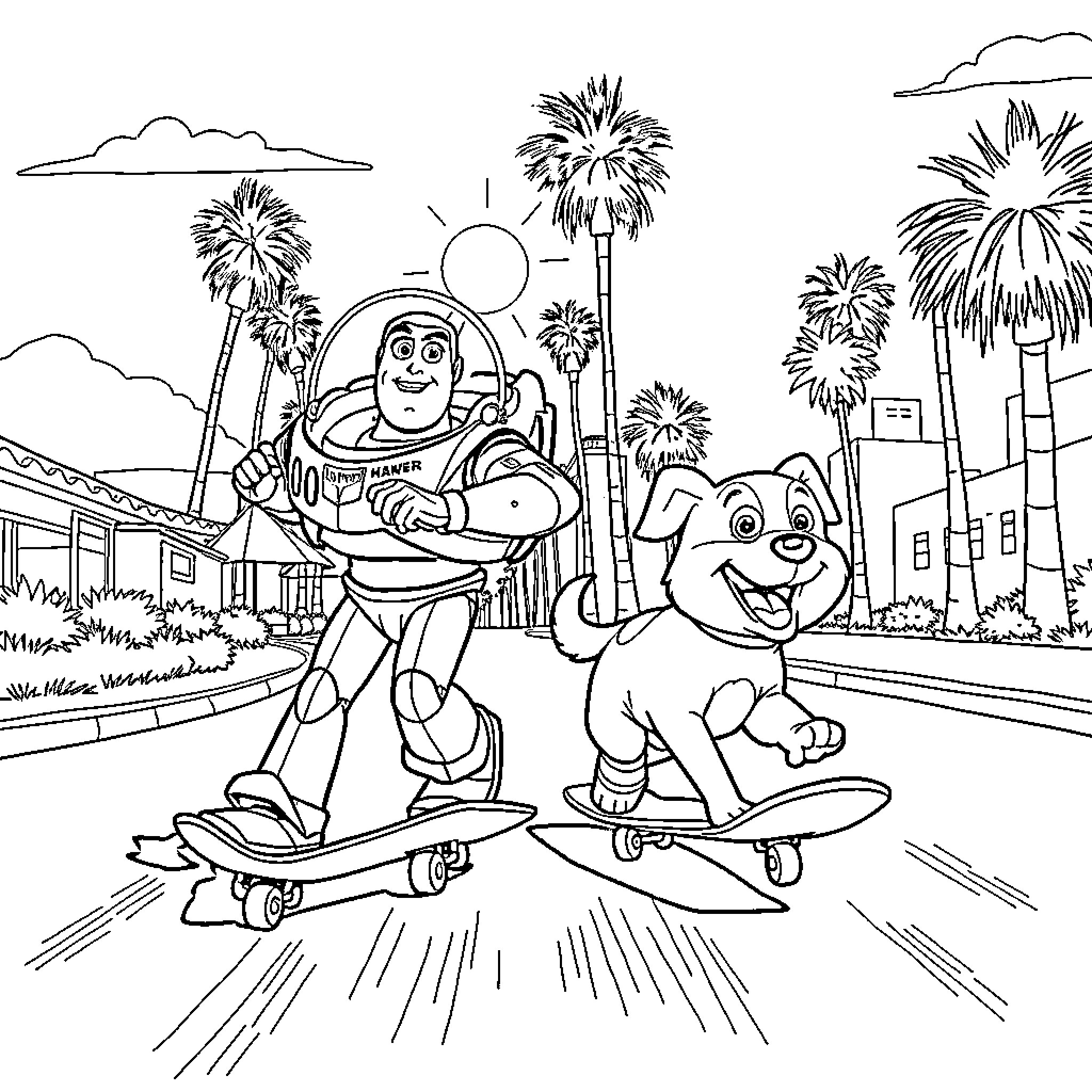 Buzz Lightyear and Puppy Skateboarding in the Sunny City Coloring Page (free black-and-white line drawing printable PDF for all, from beginners to advanced learners, including children, teens, adults, and seniors)