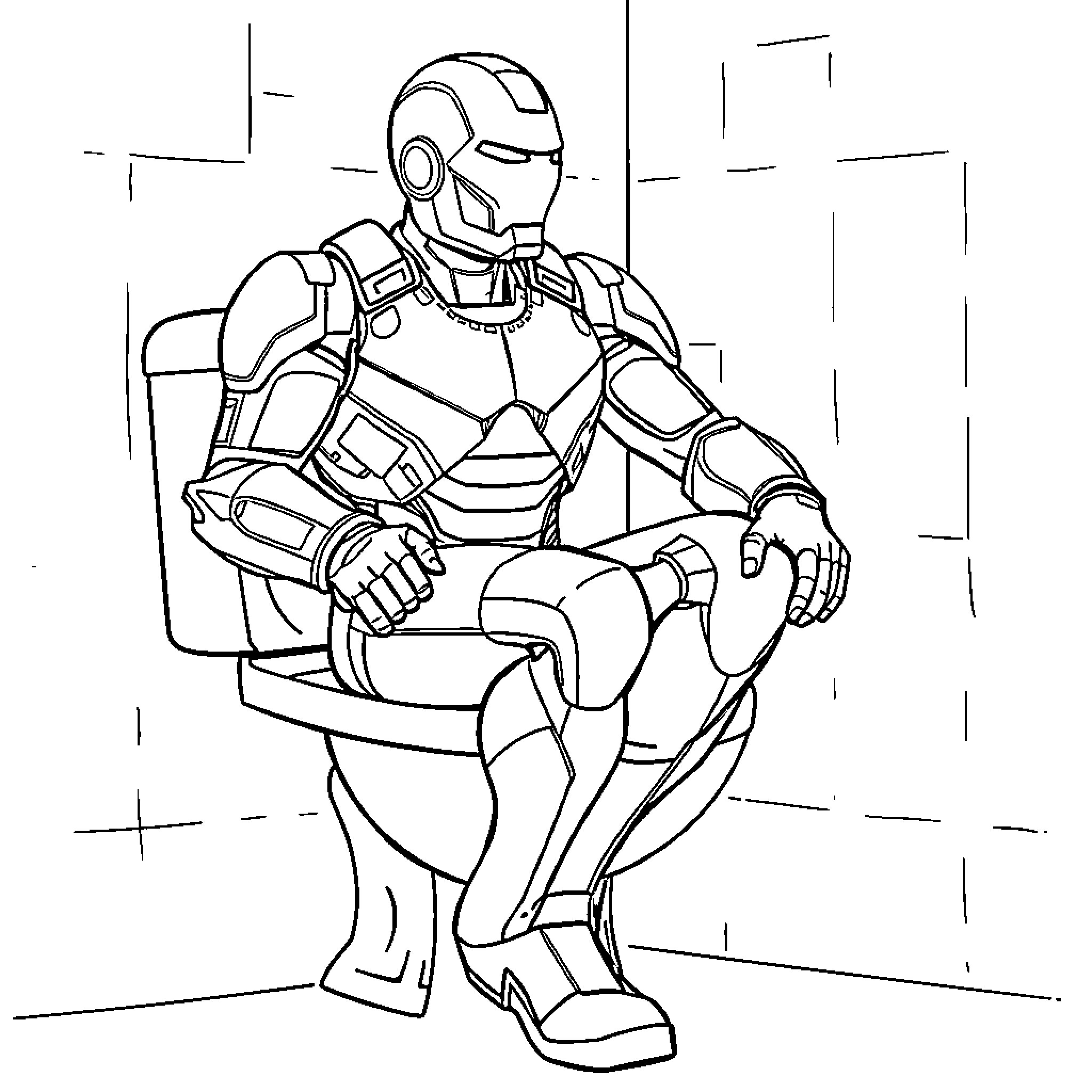 Ironman resting in his high-tech suit Coloring Page (free black-and-white line drawing printable PDF for all, from beginners to advanced learners, including children, teens, adults, and seniors)