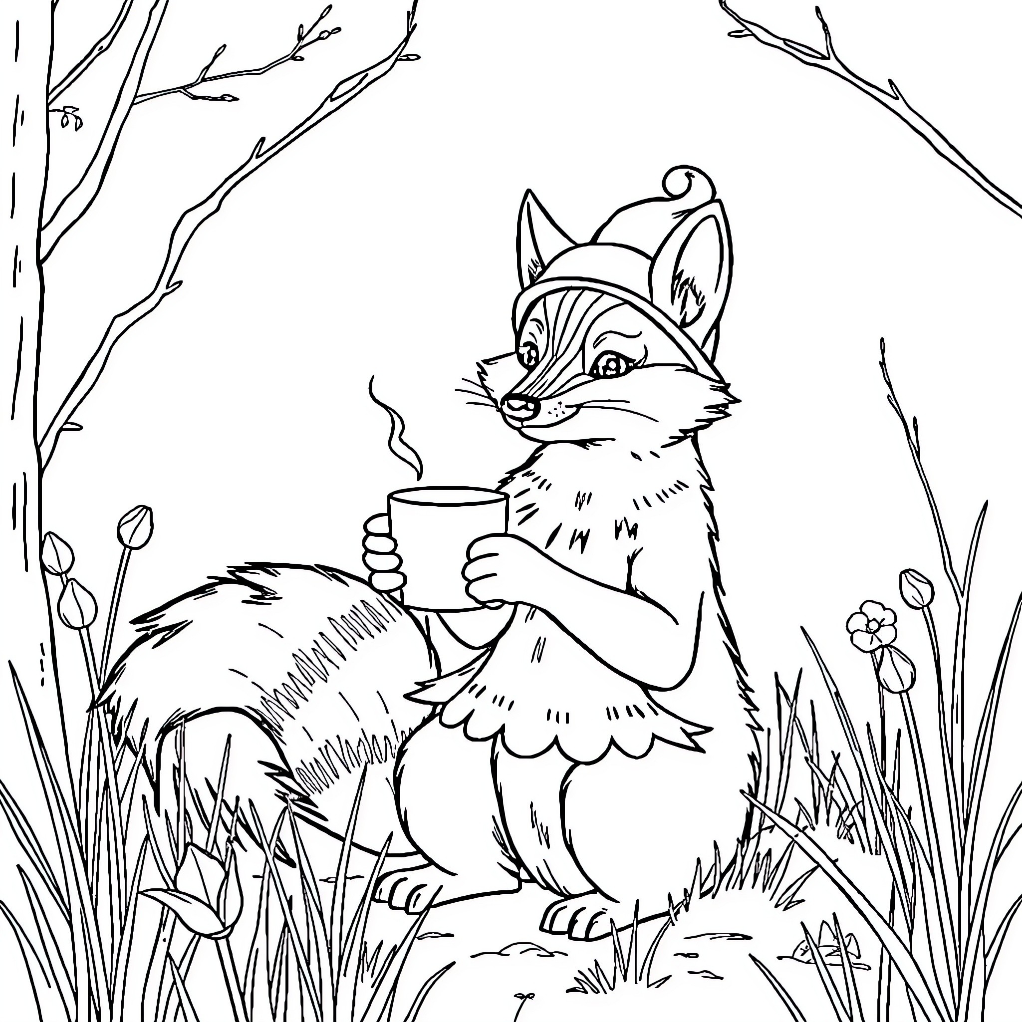 Renard Enjoying a Warm Beverage in the Wilderness Coloring Page (free black-and-white line drawing printable PDF for all, from beginners to advanced learners, including children, teens, adults, and seniors)