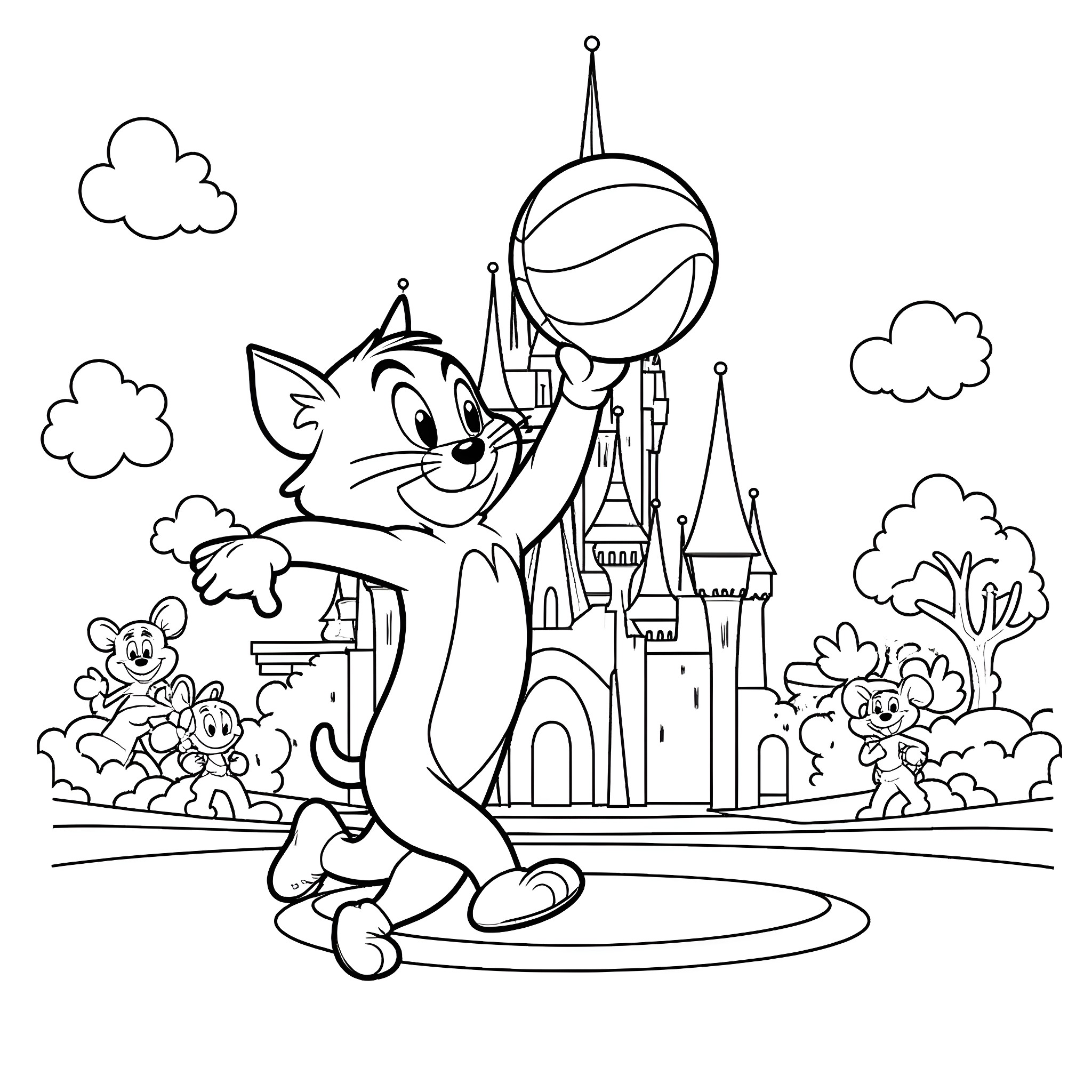 Tom visits the magical castle with friends Coloring Page (free black-and-white line drawing printable PDF for all, from beginners to advanced learners, including children, teens, adults, and seniors)