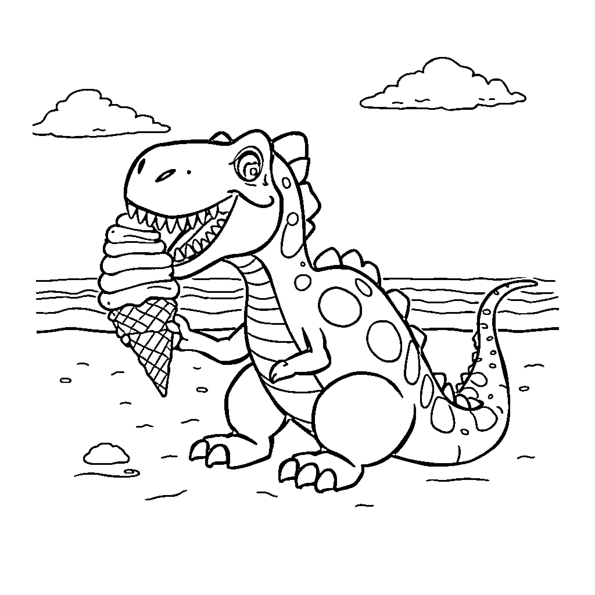 Dinosaur enjoying an ice cream treat on the beach Coloring Page (free black-and-white line drawing printable PDF for all, from beginners to advanced learners, including children, teens, adults, and seniors)