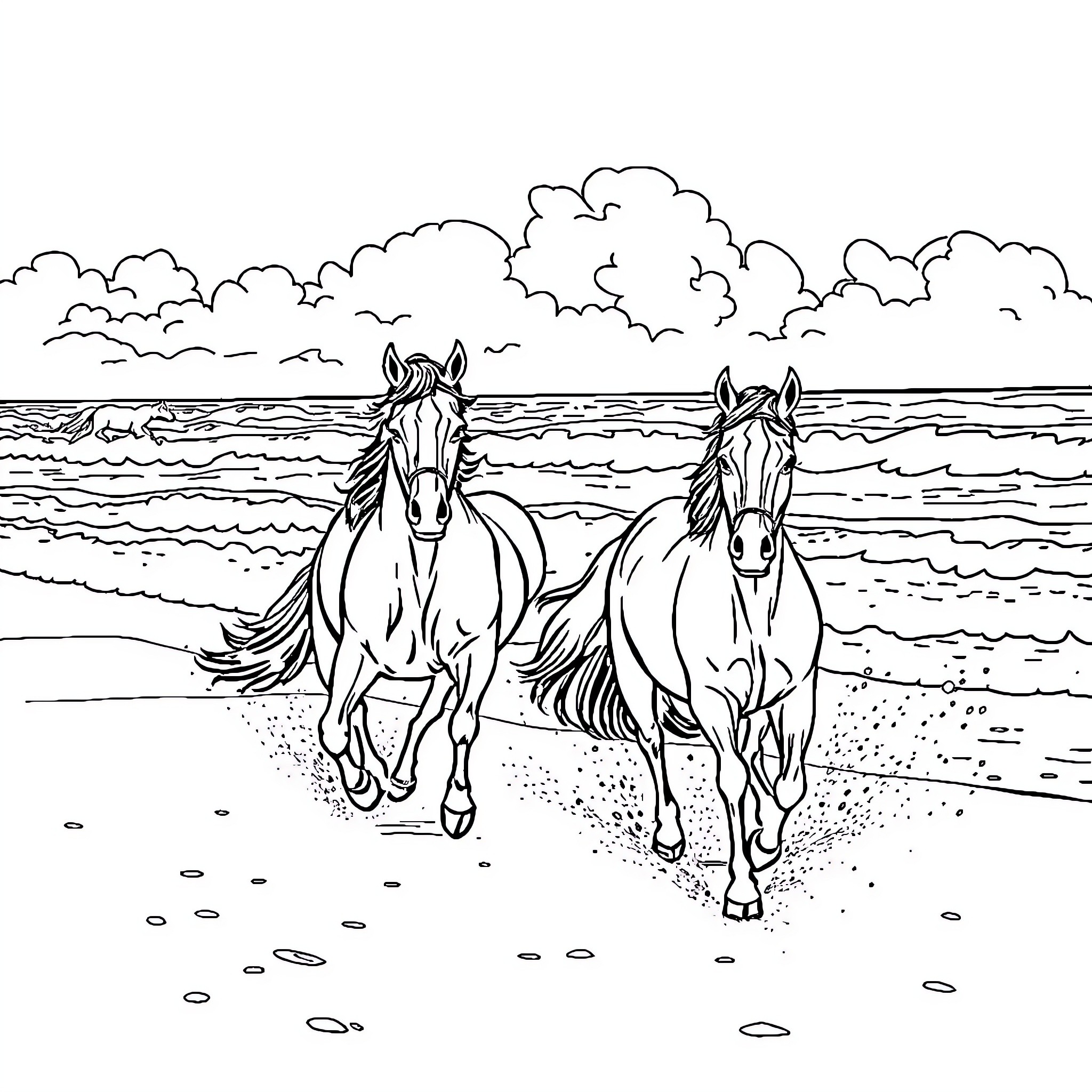Horses galloping along the beach Coloring Page (free black-and-white line drawing printable PDF for all, from beginners to advanced learners, including children, teens, adults, and seniors)