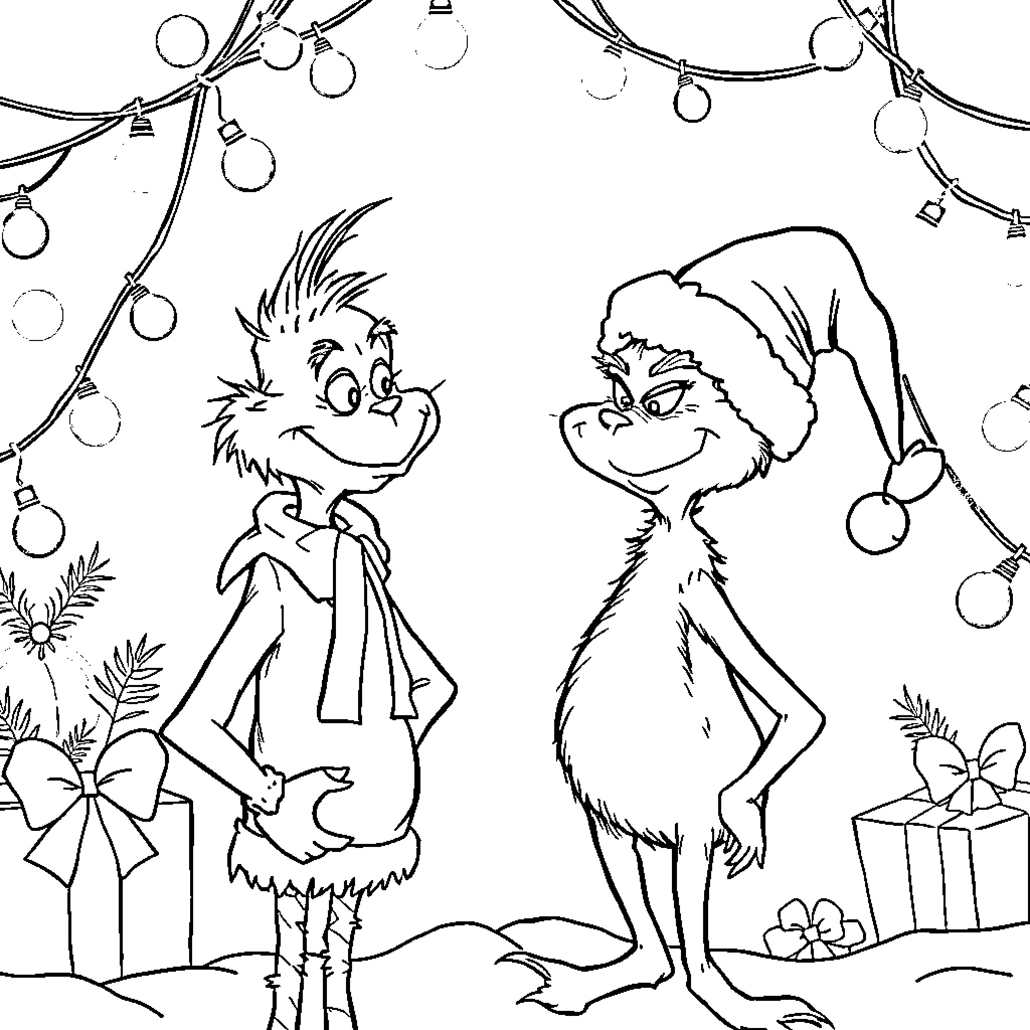 Jack's Christmas with Grinch-like Creature Coloring Page (free black-and-white line drawing printable PDF for all, from beginners to advanced learners, including children, teens, adults, and seniors)