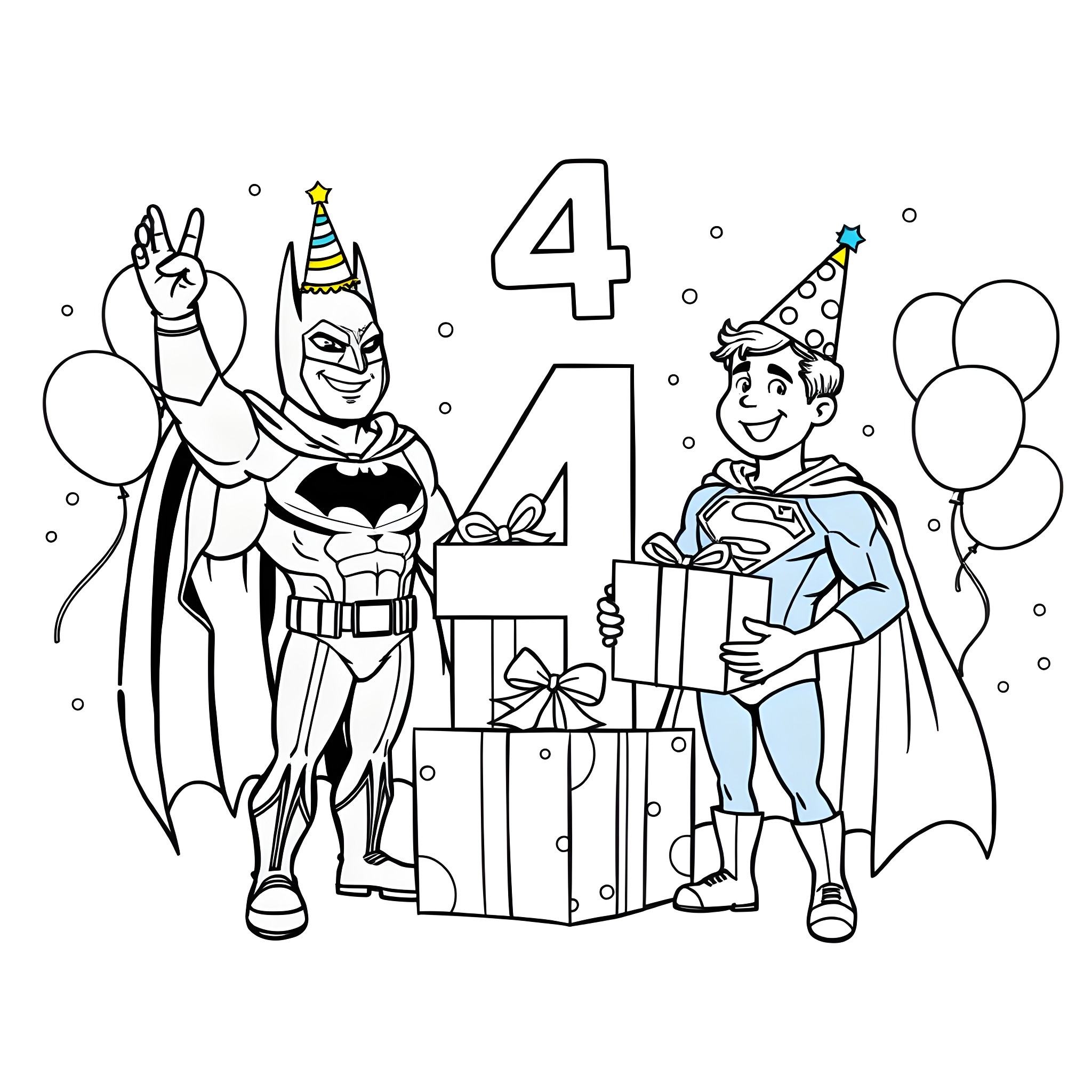 Batman and Superman celebrate a 4th birthday party Coloring Page (free black-and-white line drawing printable PDF for all, from beginners to advanced learners, including children, teens, adults, and seniors)