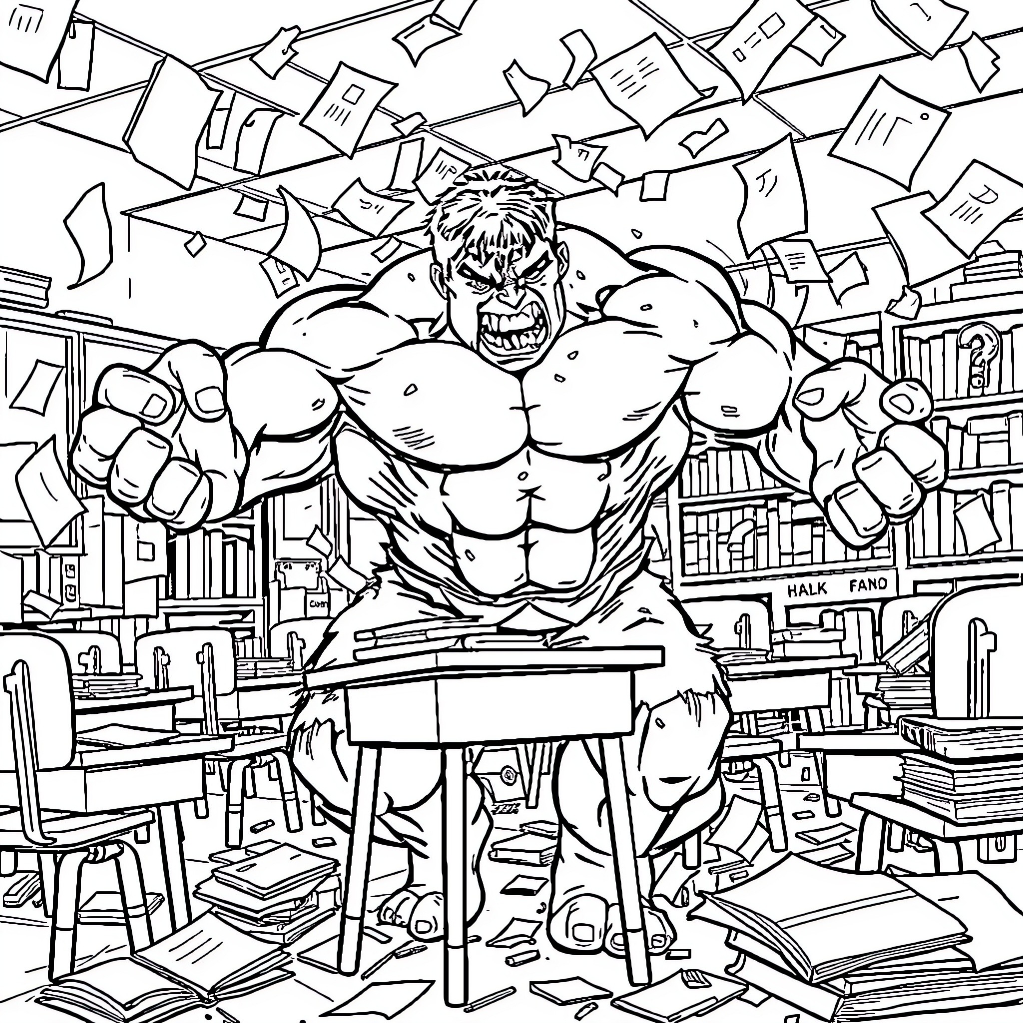Hulk Smashing through the Library Coloring Page (free black-and-white line drawing printable PDF for all, from beginners to advanced learners, including children, teens, adults, and seniors)