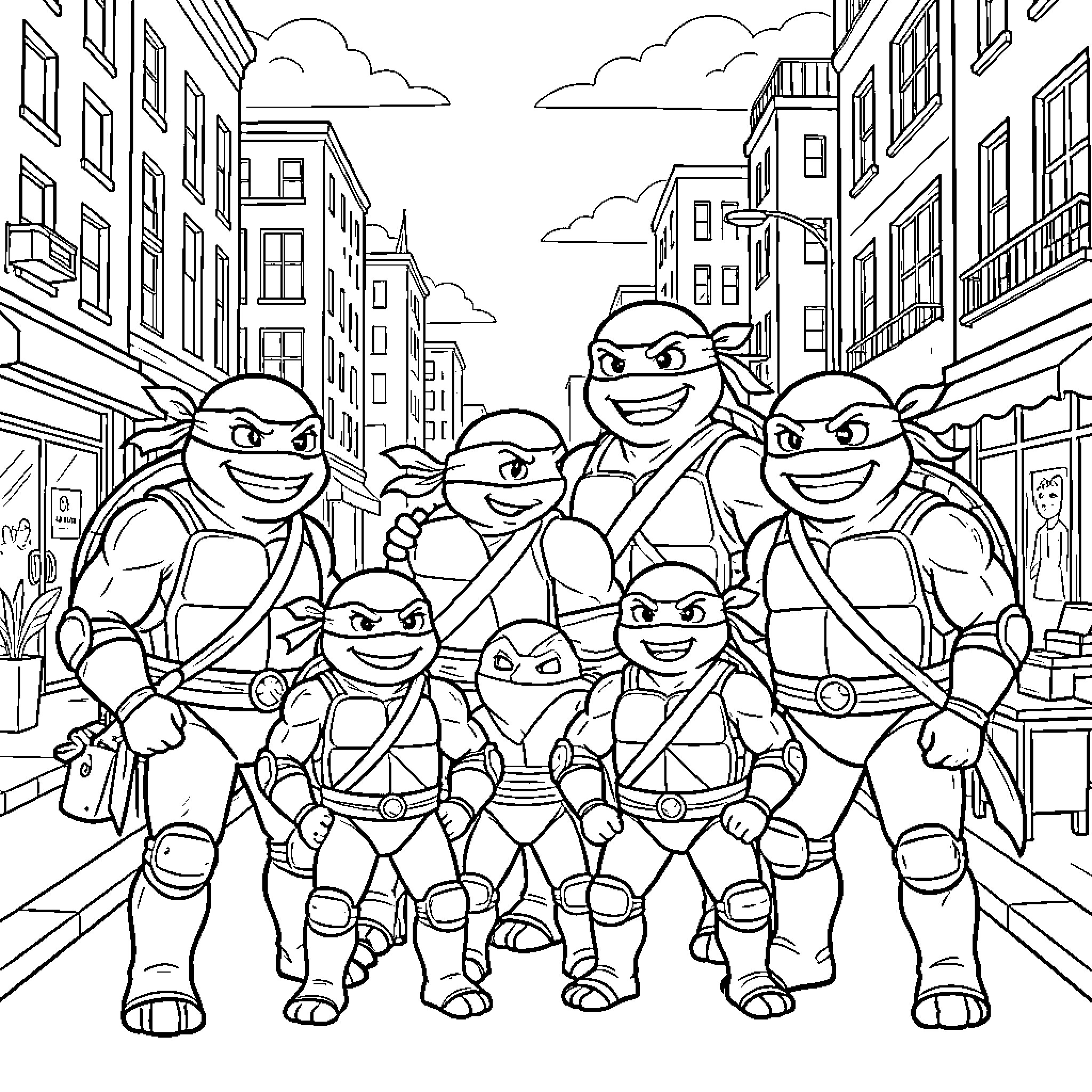 Ninja Turtles team up for a city adventure Coloring Page (free black-and-white line drawing printable PDF for all, from beginners to advanced learners, including children, teens, adults, and seniors)