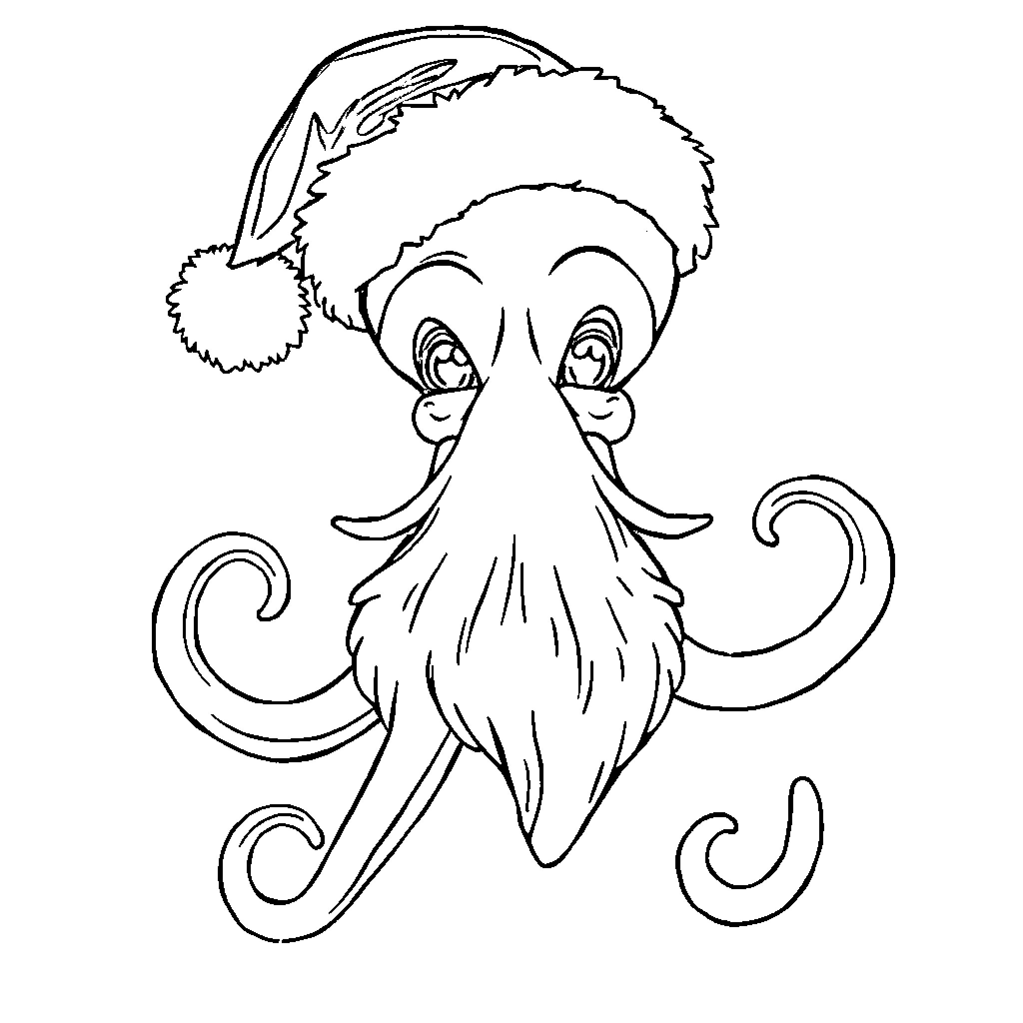Squid in festive hat with mischievous expression Coloring Page (free black-and-white line drawing printable PDF for all, from beginners to advanced learners, including children, teens, adults, and seniors)