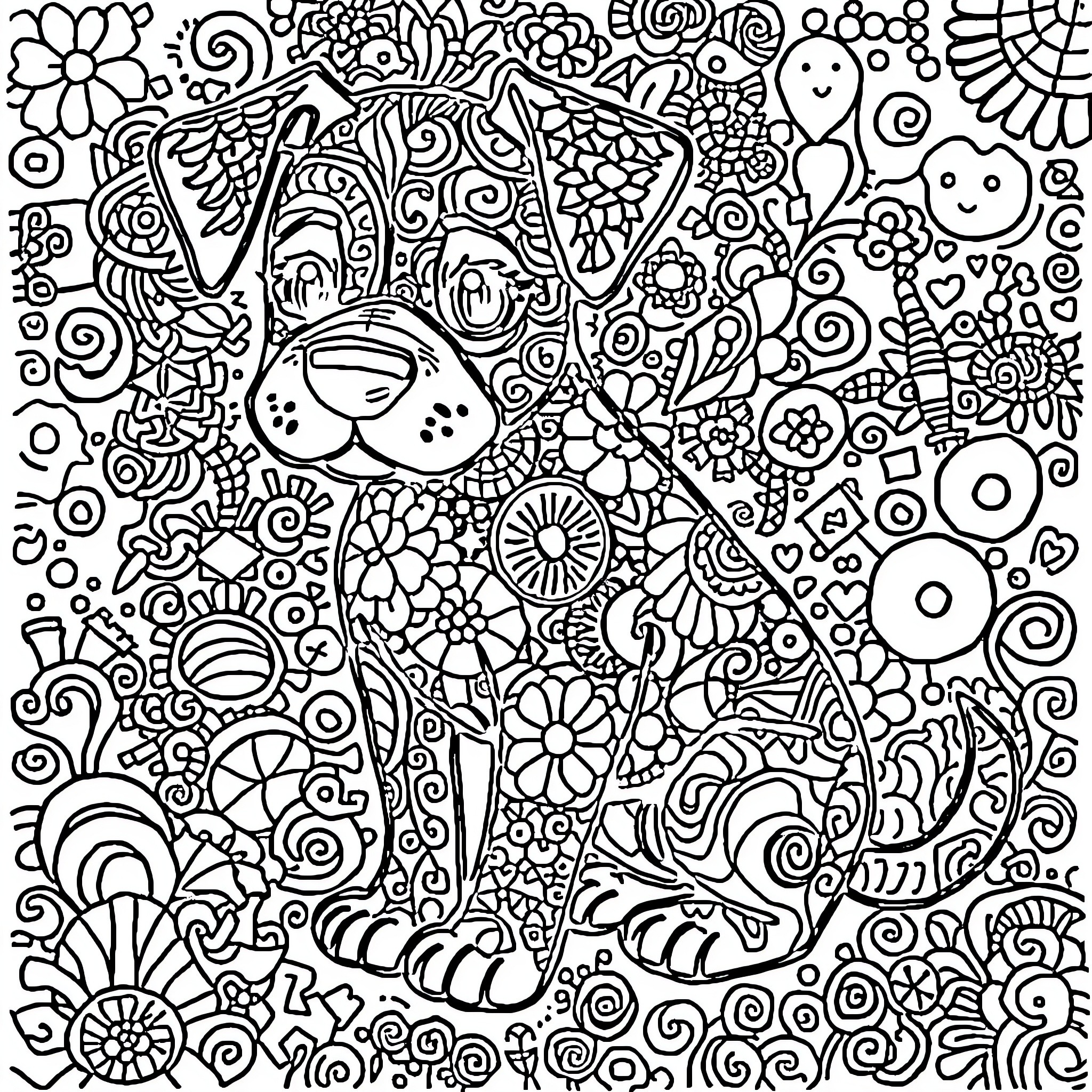 Dog surrounded by whimsical floral designs Coloring Page (free black-and-white line drawing printable PDF for all, from beginners to advanced learners, including children, teens, adults, and seniors)