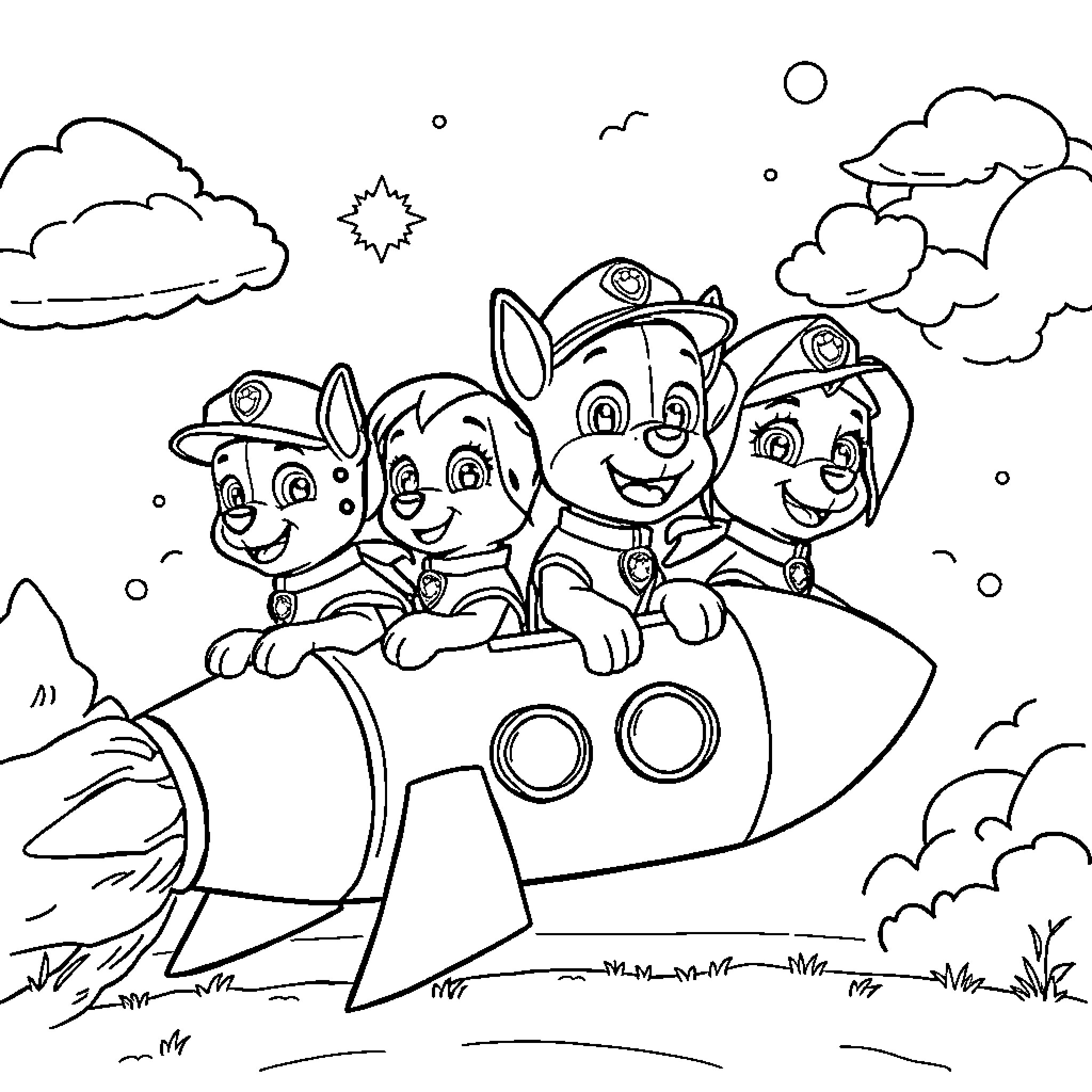 Paw Patrol Puppies Riding in a Rocket Ship Coloring Page (free black-and-white line drawing printable PDF for all, from beginners to advanced learners, including children, teens, adults, and seniors)