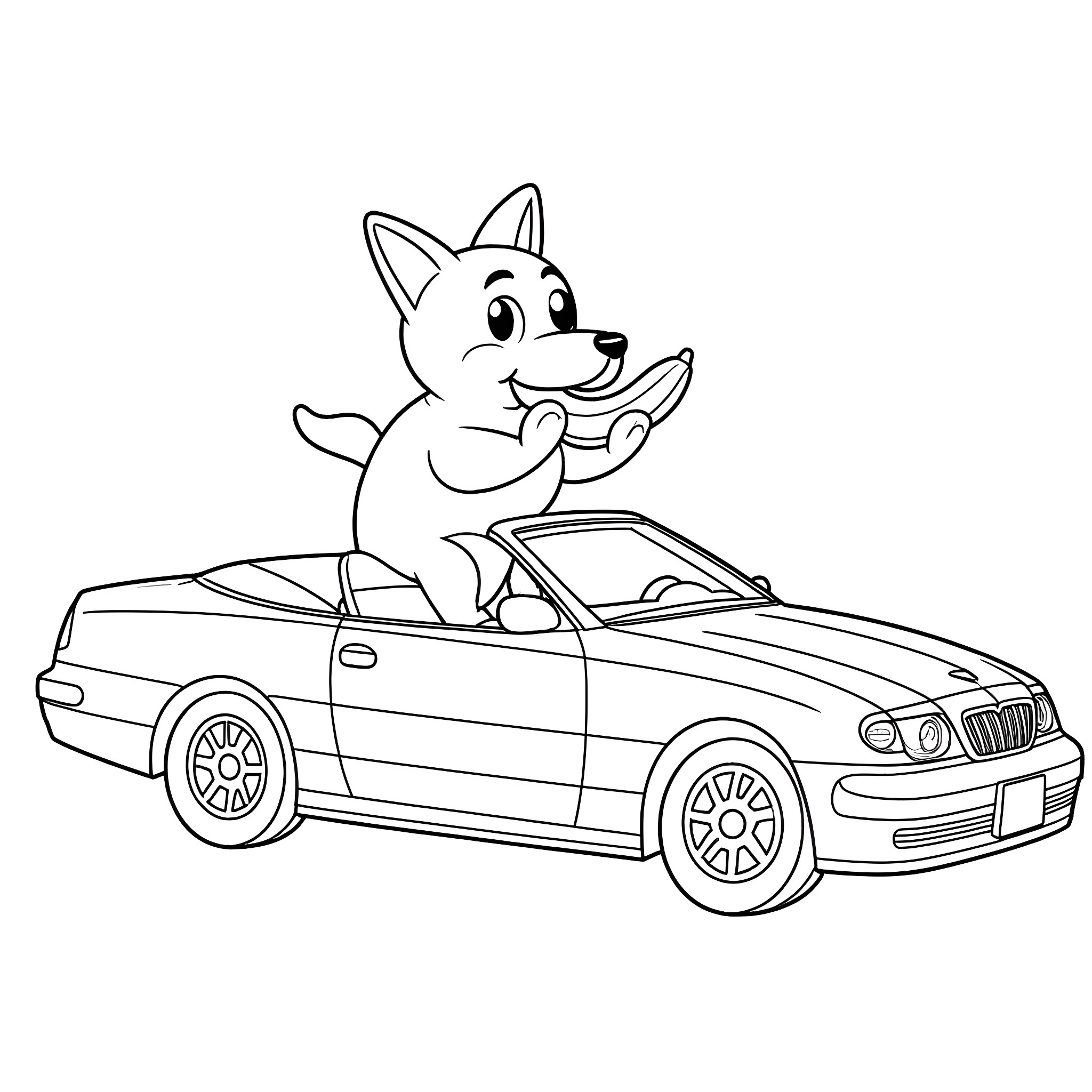 Dog playing happily in a sports car Coloring Page (free black-and-white line drawing printable PDF for all, from beginners to advanced learners, including children, teens, adults, and seniors)