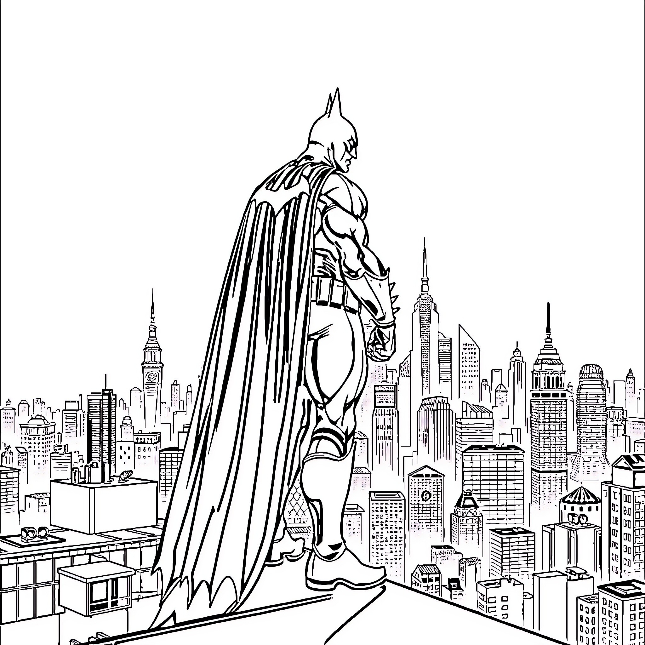 Batman overlooking the city skyline Coloring Page (free black-and-white line drawing printable PDF for all, from beginners to advanced learners, including children, teens, adults, and seniors)