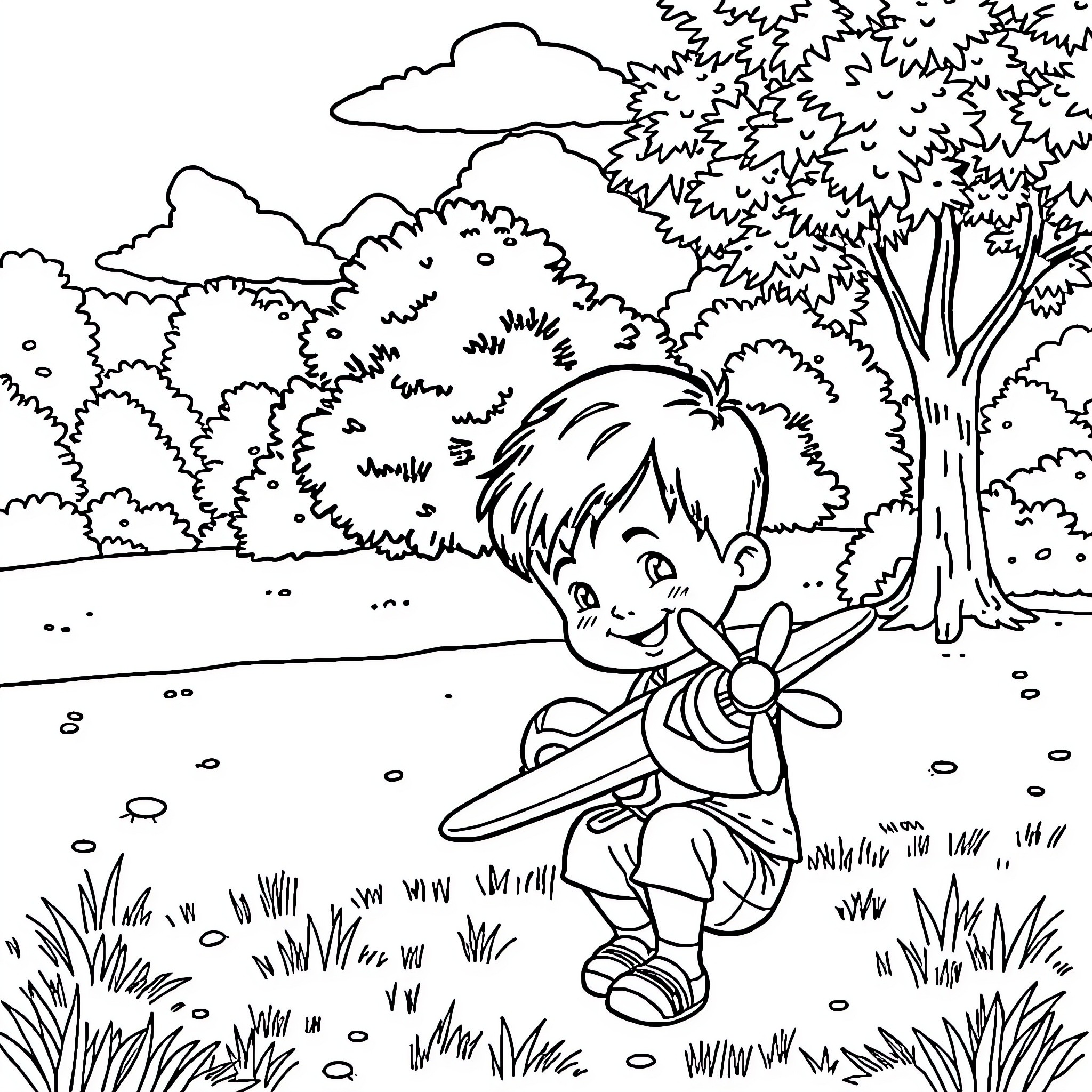 Boy enjoys nature in the countryside Coloring Page (free black-and-white line drawing printable PDF for all, from beginners to advanced learners, including children, teens, adults, and seniors)