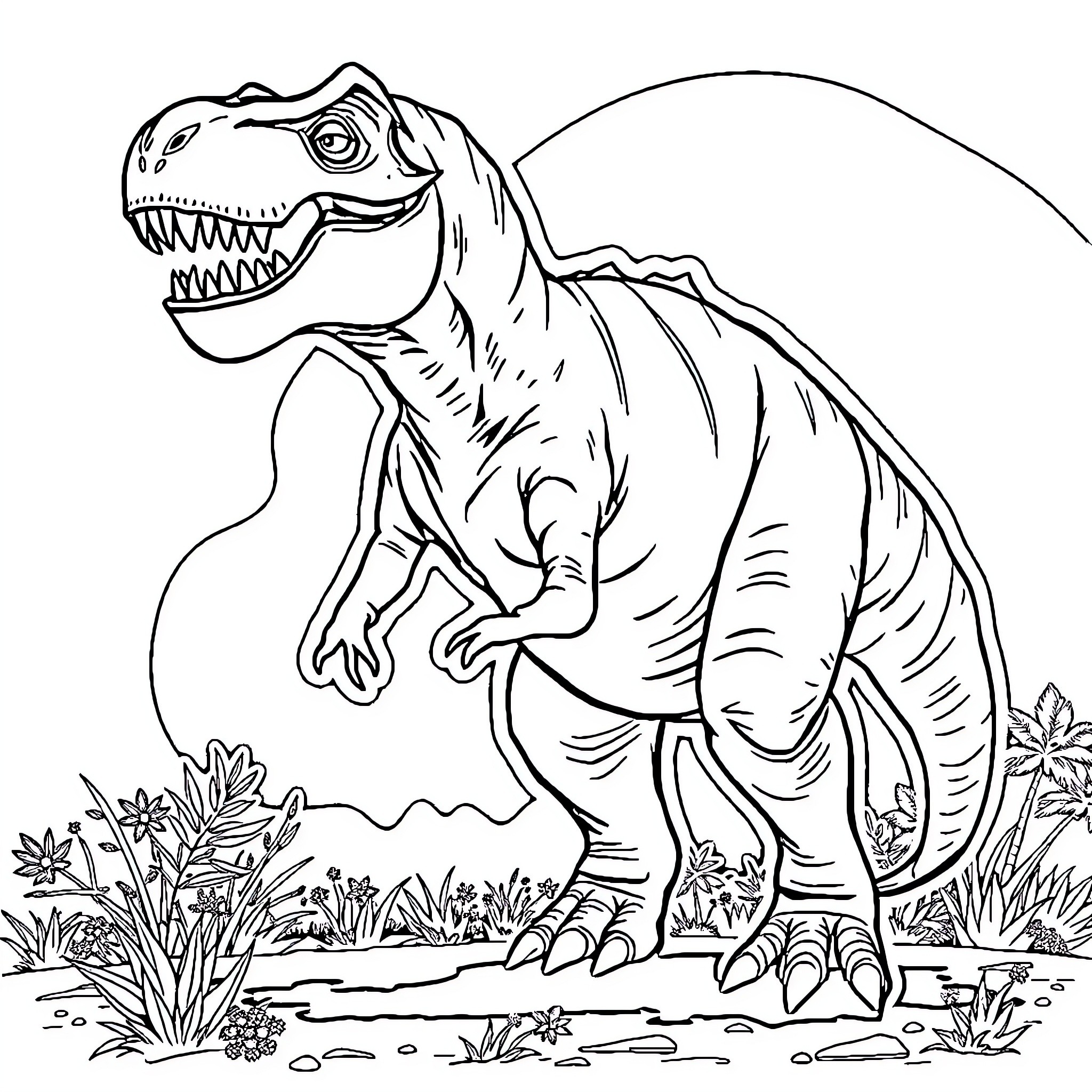 Tyrannosaurus Rex in Prehistoric Landscape Coloring Page (free black-and-white line drawing printable PDF for all, from beginners to advanced learners, including children, teens, adults, and seniors)