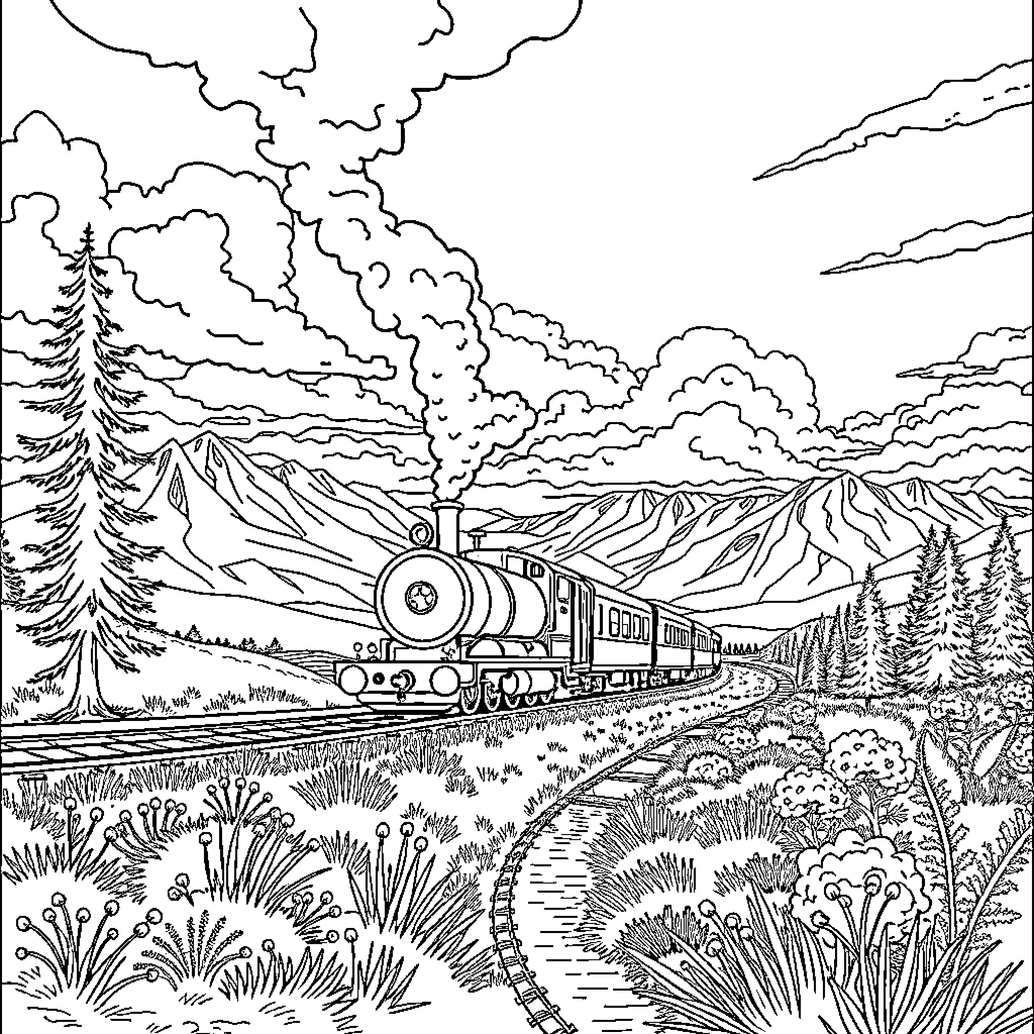 Train chugging through a scenic mountain landscape Coloring Page (free black-and-white line drawing printable PDF for all, from beginners to advanced learners, including children, teens, adults, and seniors)