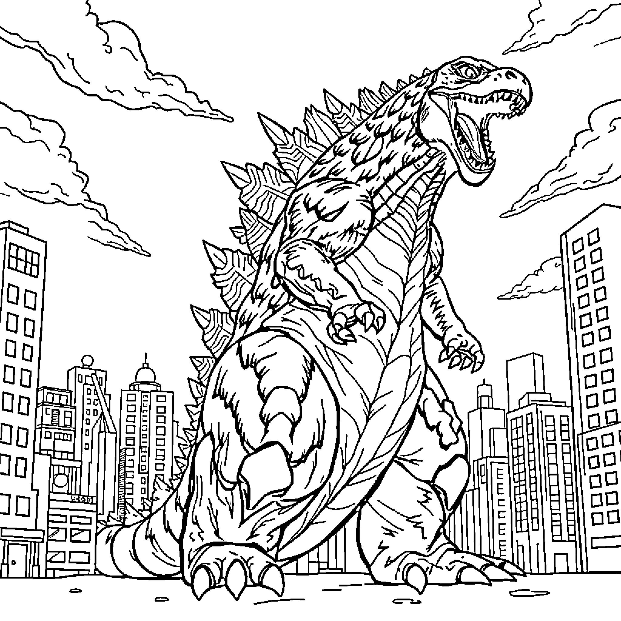 Hugodzilla stomping through the city with destructive force Coloring Page (free black-and-white line drawing printable PDF for all, from beginners to advanced learners, including children, teens, adults, and seniors)