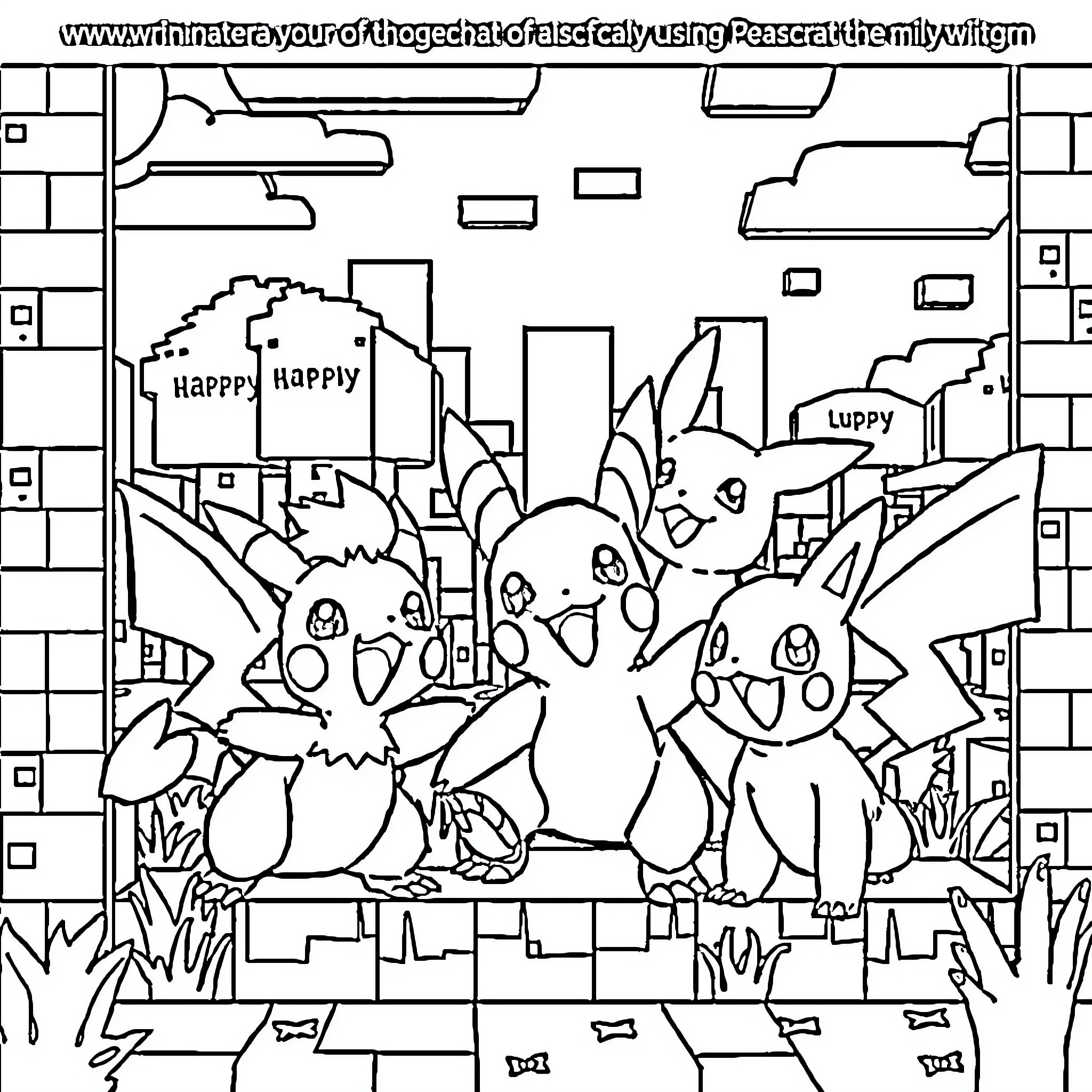Pokémon Pikachu and friends enjoying a happy gathering Coloring Page (free black-and-white line drawing printable PDF for all, from beginners to advanced learners, including children, teens, adults, and seniors)