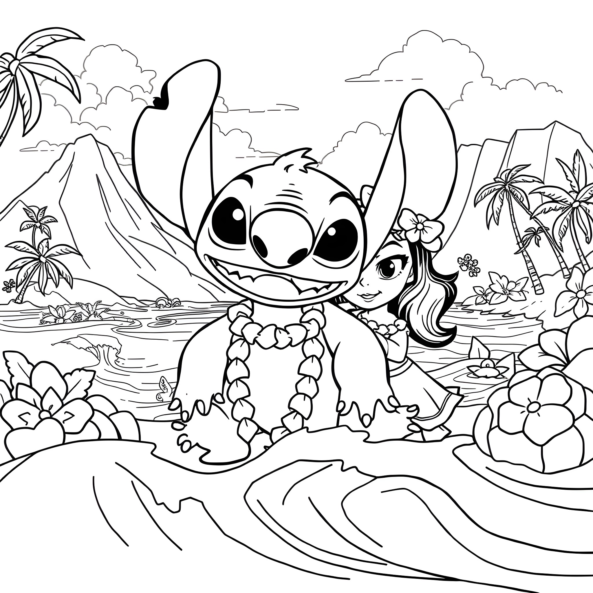 Experiment 627: Stitch and Lilo's Tropical Adventure Coloring Page (free black-and-white line drawing printable PDF for all, from beginners to advanced learners, including children, teens, adults, and seniors)