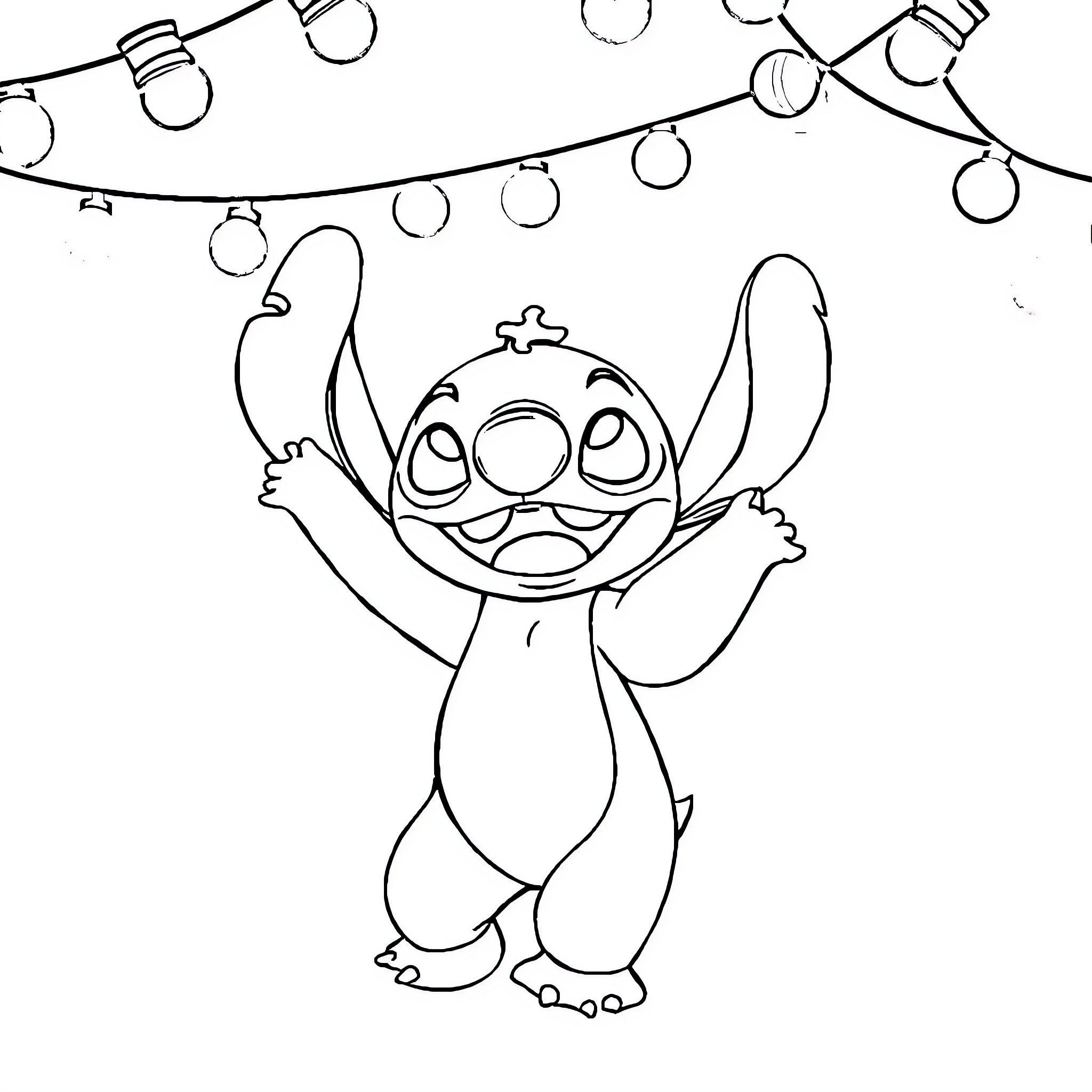 Stitch celebrating with string lights Coloring Page (free black-and-white line drawing printable PDF for all, from beginners to advanced learners, including children, teens, adults, and seniors)