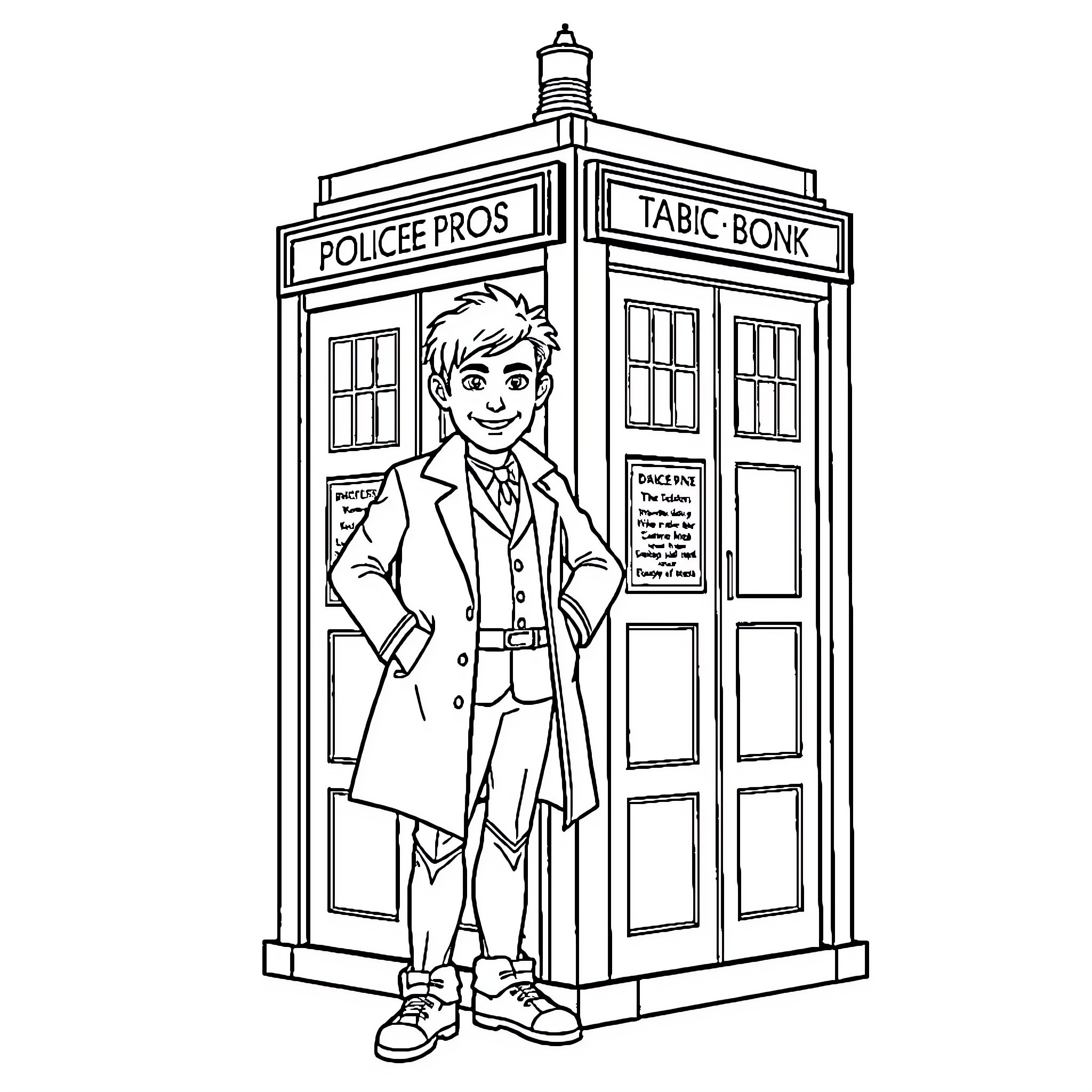 Doctor Who stands proudly near the Police Box Coloring Page (free black-and-white line drawing printable PDF for all, from beginners to advanced learners, including children, teens, adults, and seniors)