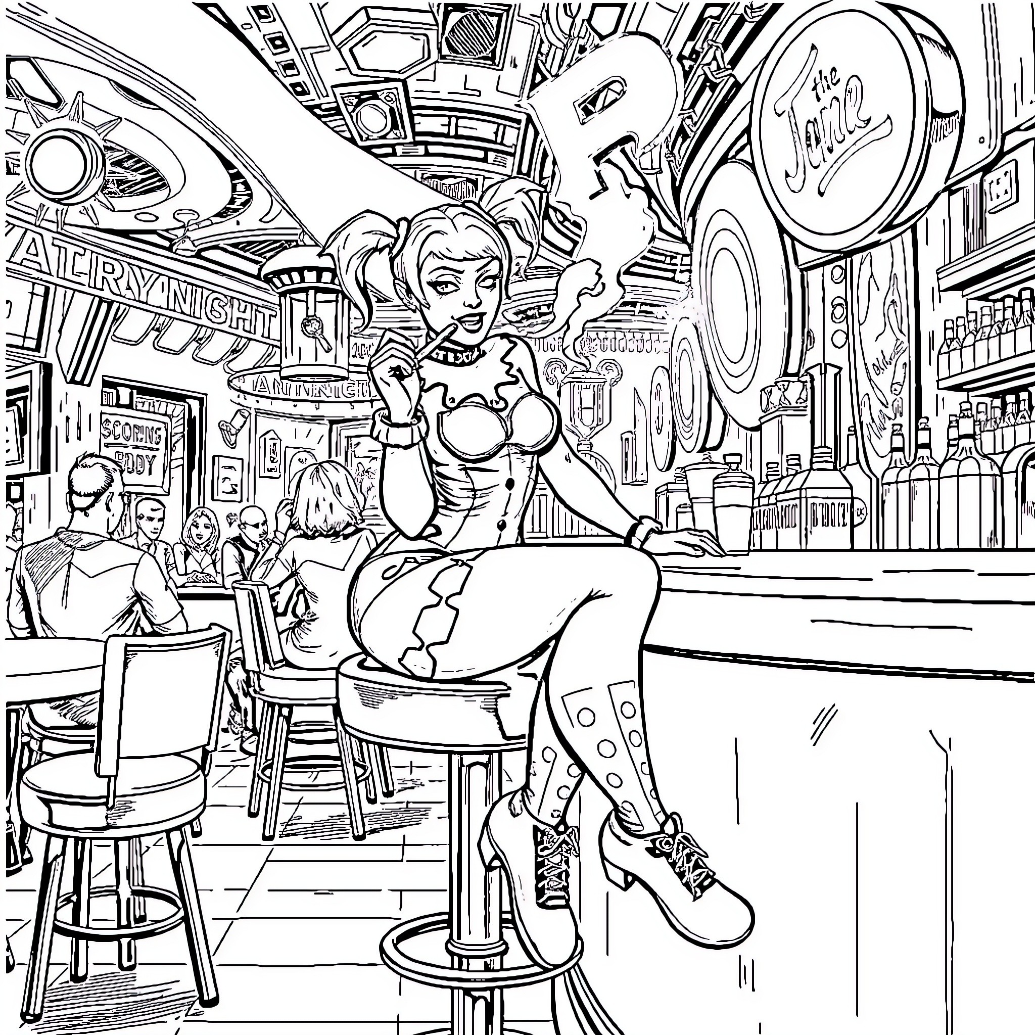 Harley Quinn in a lively bar scene Coloring Page (free black-and-white line drawing printable PDF for all, from beginners to advanced learners, including children, teens, adults, and seniors)