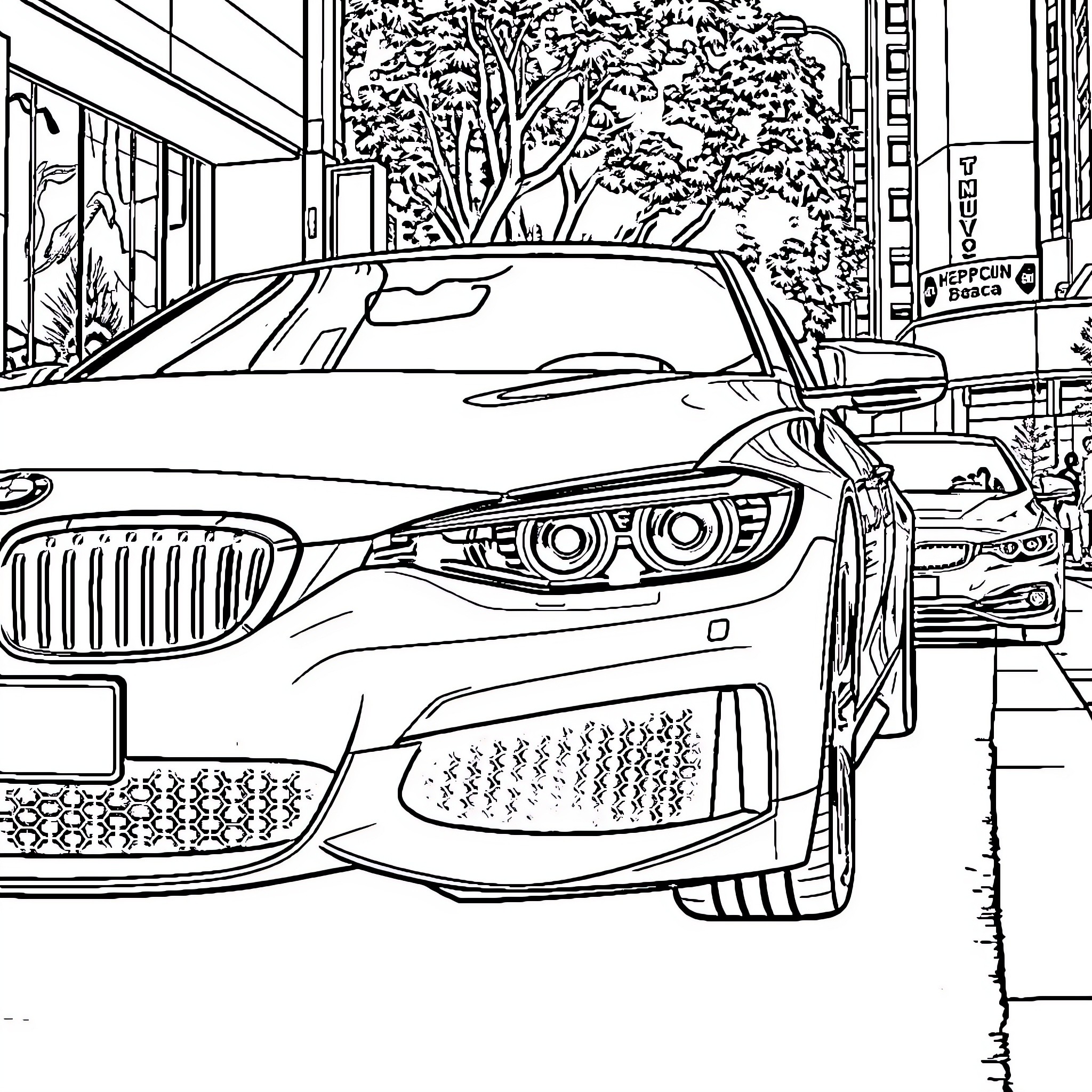 BMW parked on a city street Coloring Page (free black-and-white line drawing printable PDF for all, from beginners to advanced learners, including children, teens, adults, and seniors)