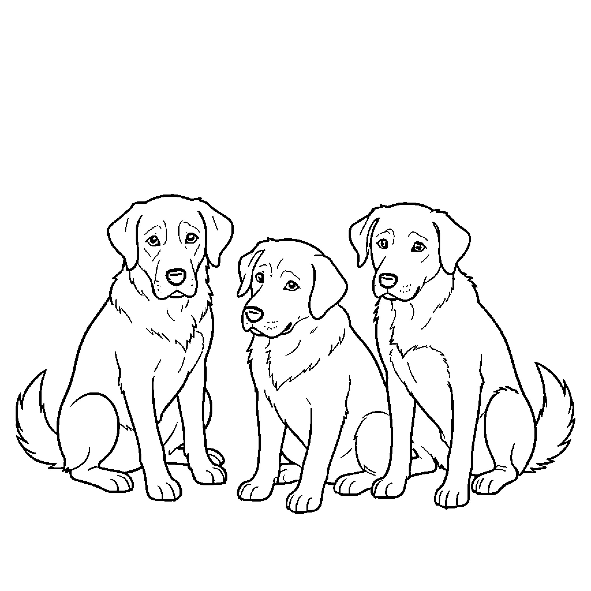 Perro group sitting together and looking forward Coloring Page (free black-and-white line drawing printable PDF for all, from beginners to advanced learners, including children, teens, adults, and seniors)