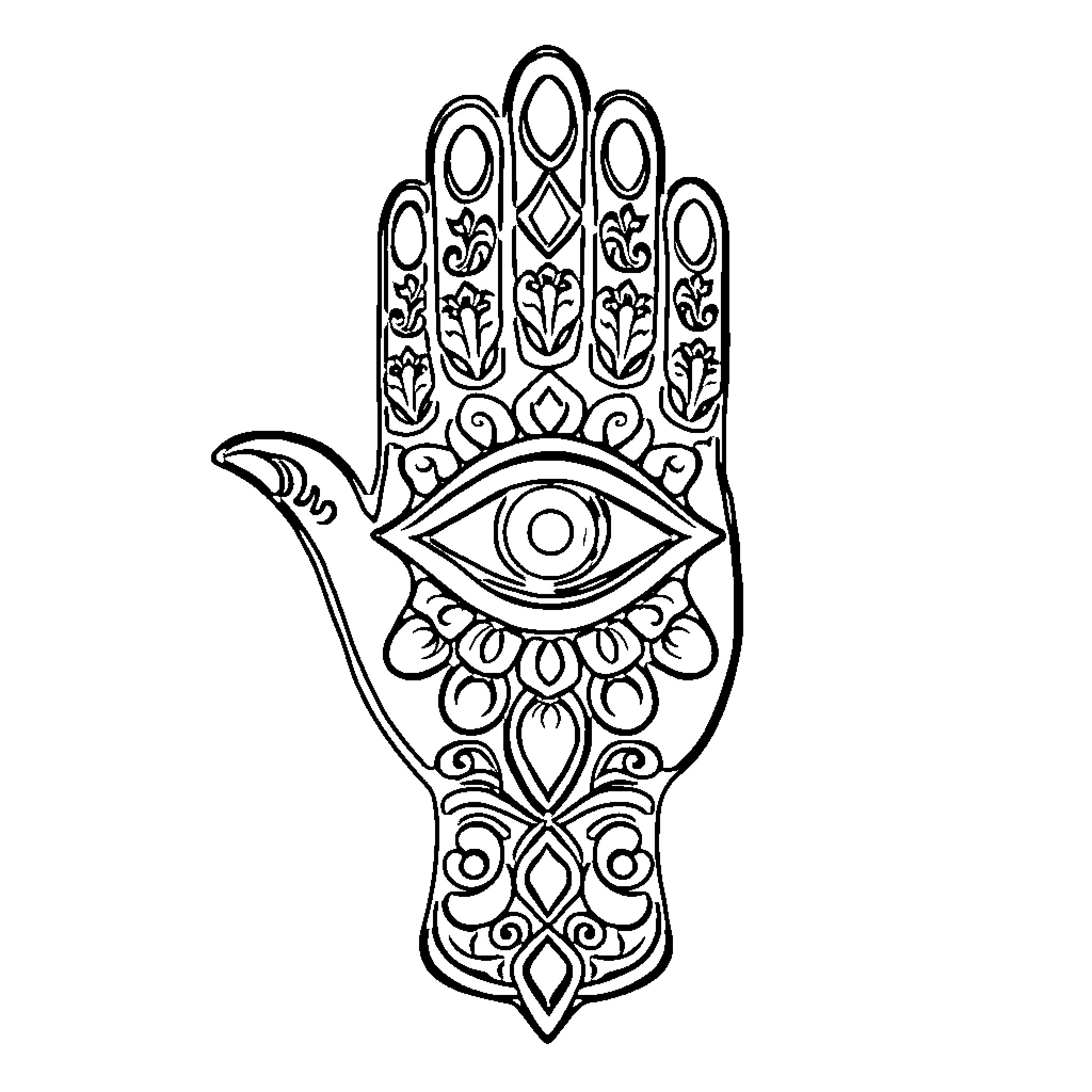 Hamsa hand with ornate floral and eye motifs Coloring Page (free black-and-white line drawing printable PDF for all, from beginners to advanced learners, including children, teens, adults, and seniors)