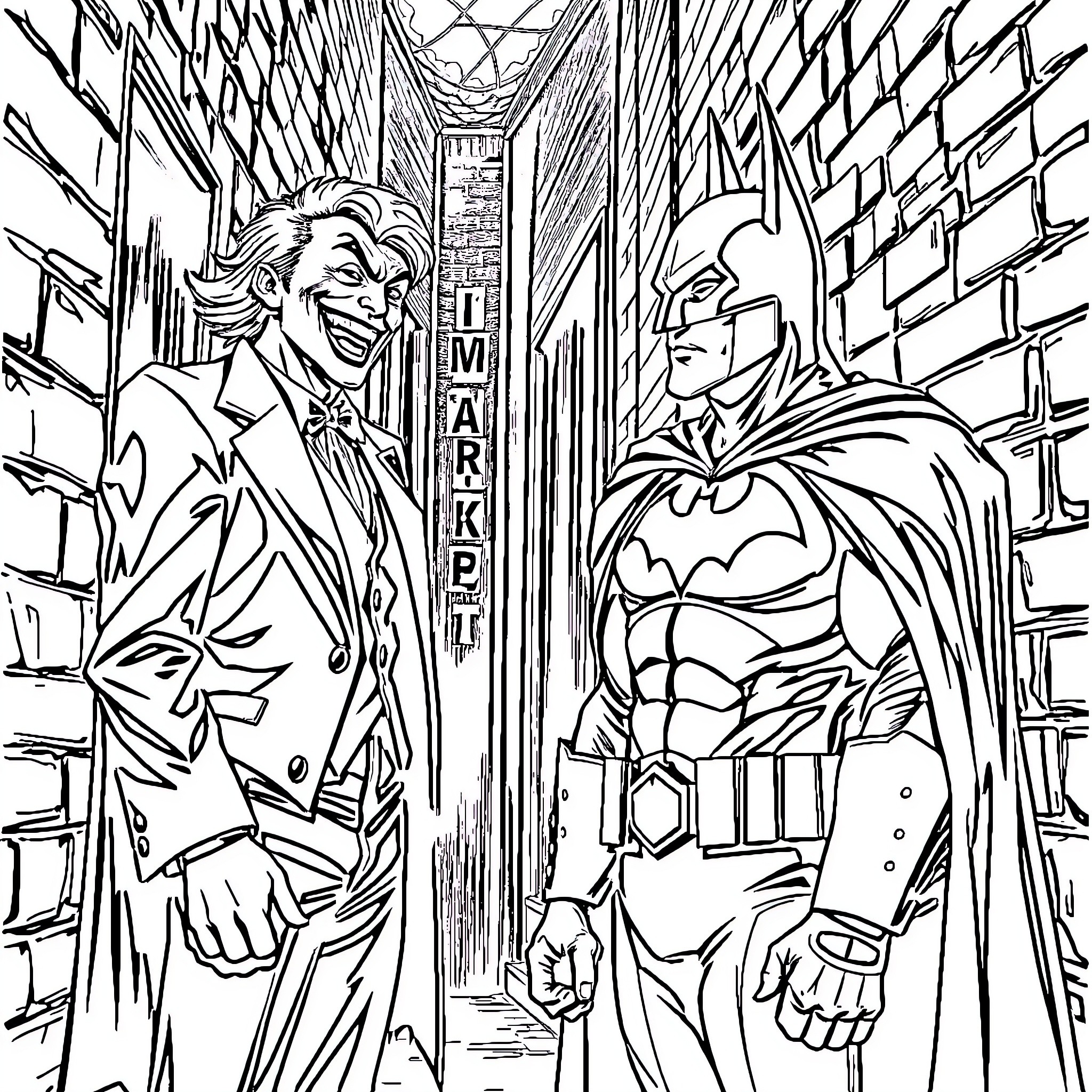 Joker and Batman in an Intense Showdown Coloring Page (free black-and-white line drawing printable PDF for all, from beginners to advanced learners, including children, teens, adults, and seniors)