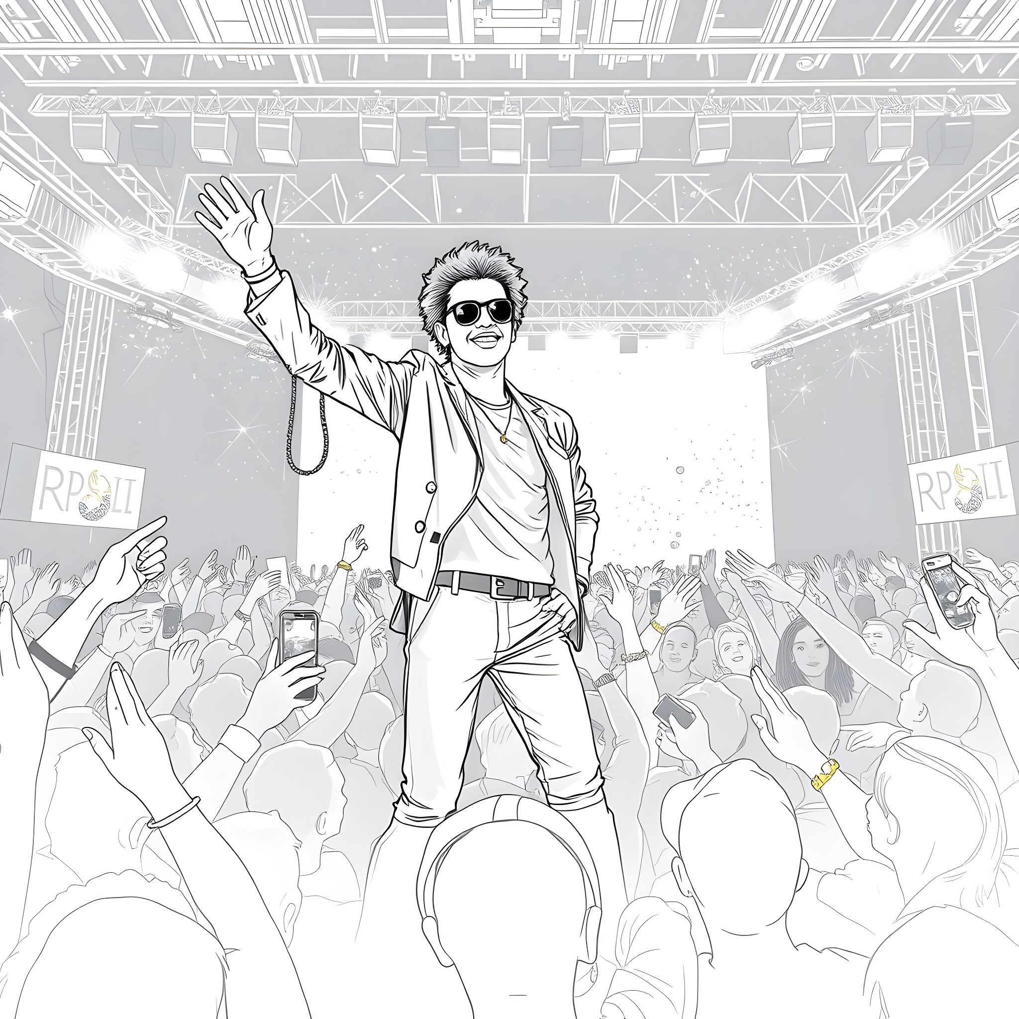 Bruno Mars performing on stage with excited crowd Coloring Page (free black-and-white line drawing printable PDF for all, from beginners to advanced learners, including children, teens, adults, and seniors)