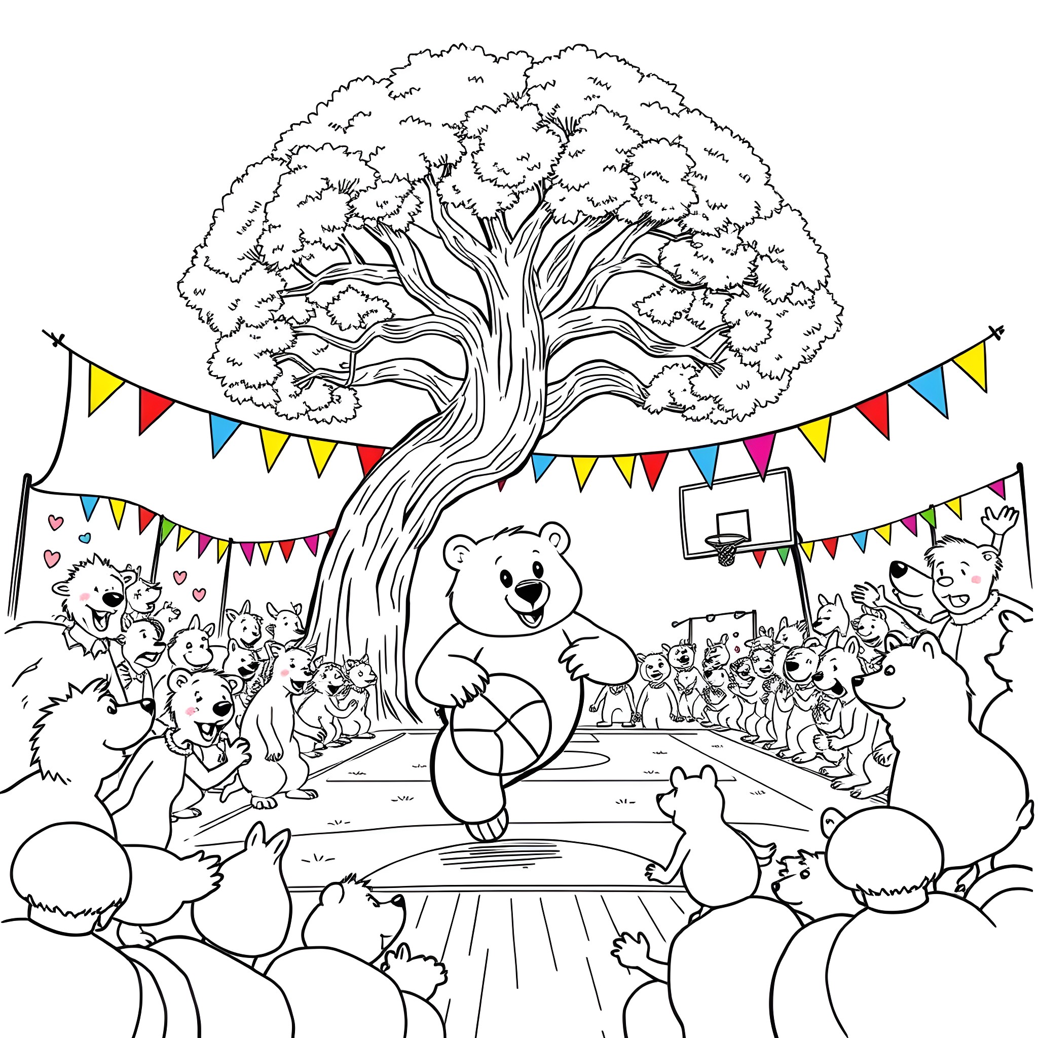 Bear playing joyfully at a carnival-themed party in the park Coloring Page (free black-and-white line drawing printable PDF for all, from beginners to advanced learners, including children, teens, adults, and seniors)
