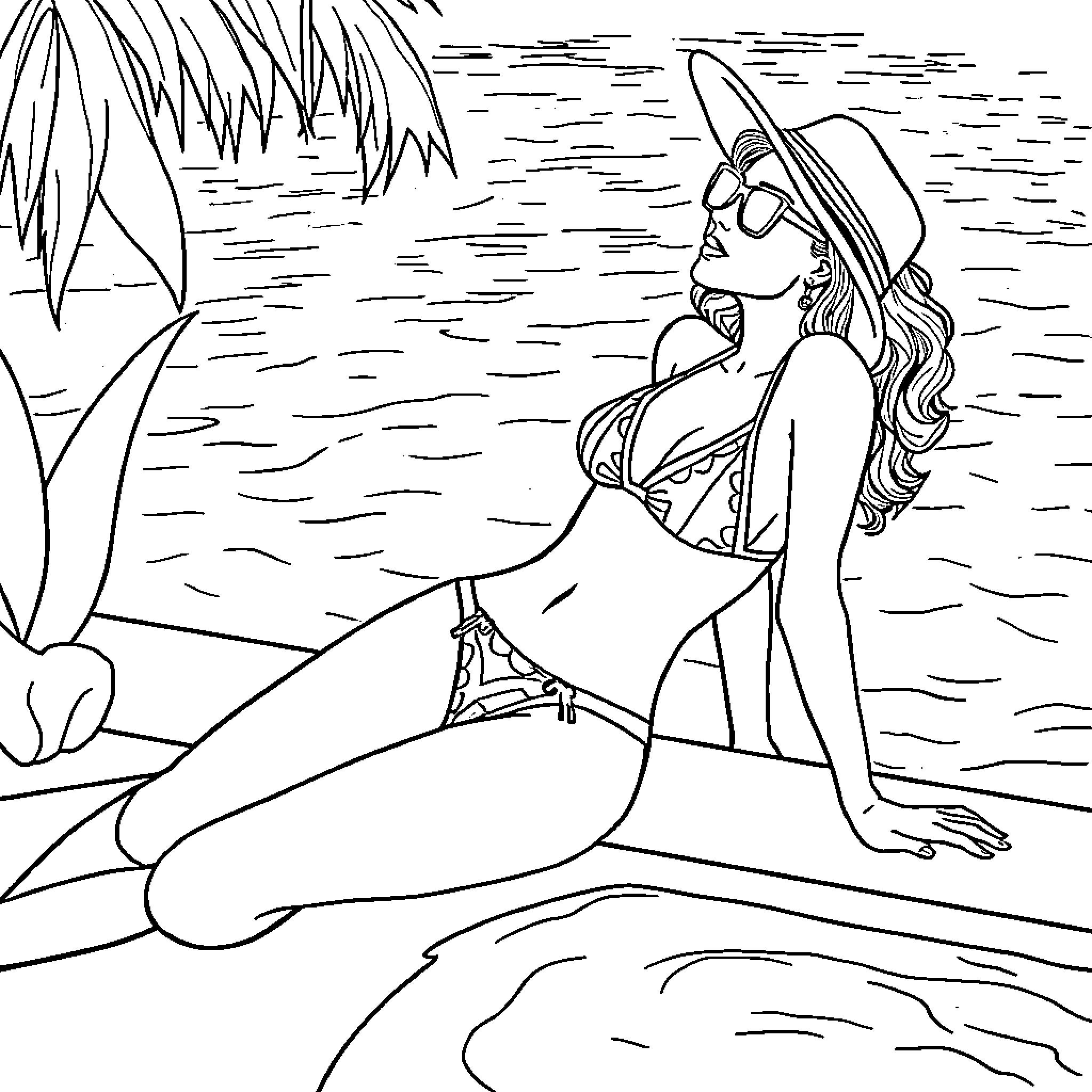 Lady relaxing on the beach under the sun Coloring Page (free black-and-white line drawing printable PDF for all, from beginners to advanced learners, including children, teens, adults, and seniors)