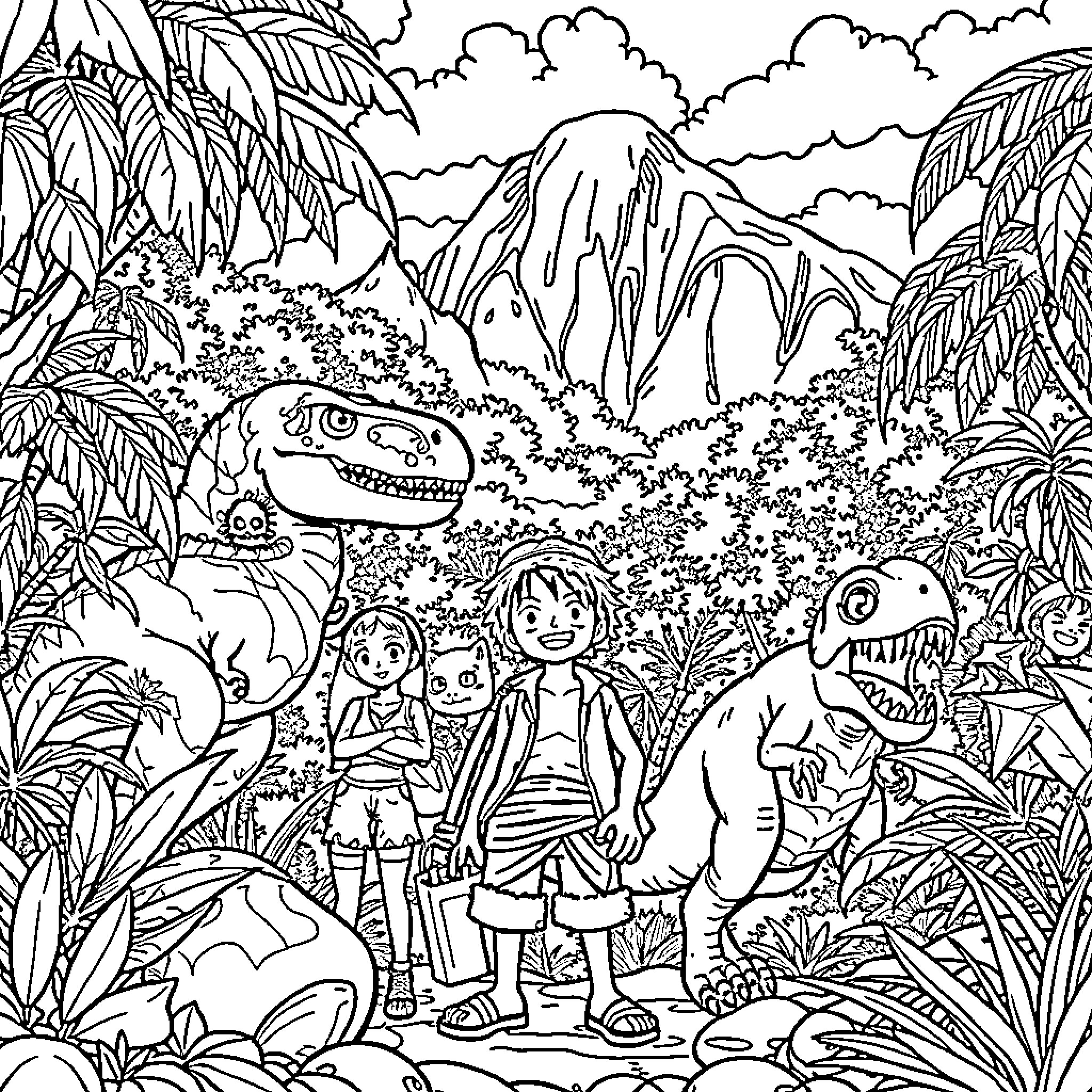 Luffy's Jungle Adventure with Dinosaur Friends Coloring Page (free black-and-white line drawing printable PDF for all, from beginners to advanced learners, including children, teens, adults, and seniors)
