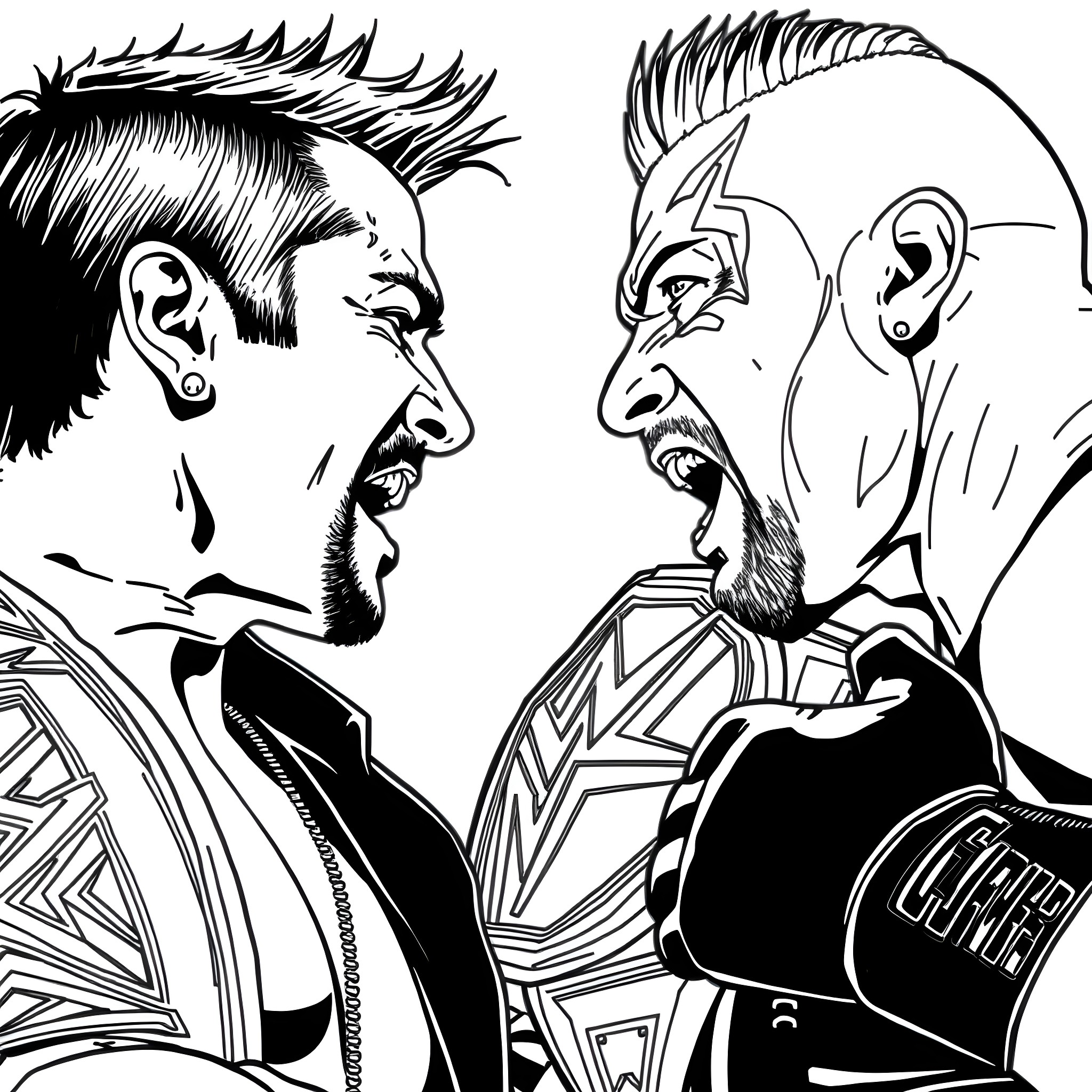 Wrestler confronting another wrestler in an intense stare-down Coloring Page (free black-and-white line drawing printable PDF for all, from beginners to advanced learners, including children, teens, adults, and seniors)