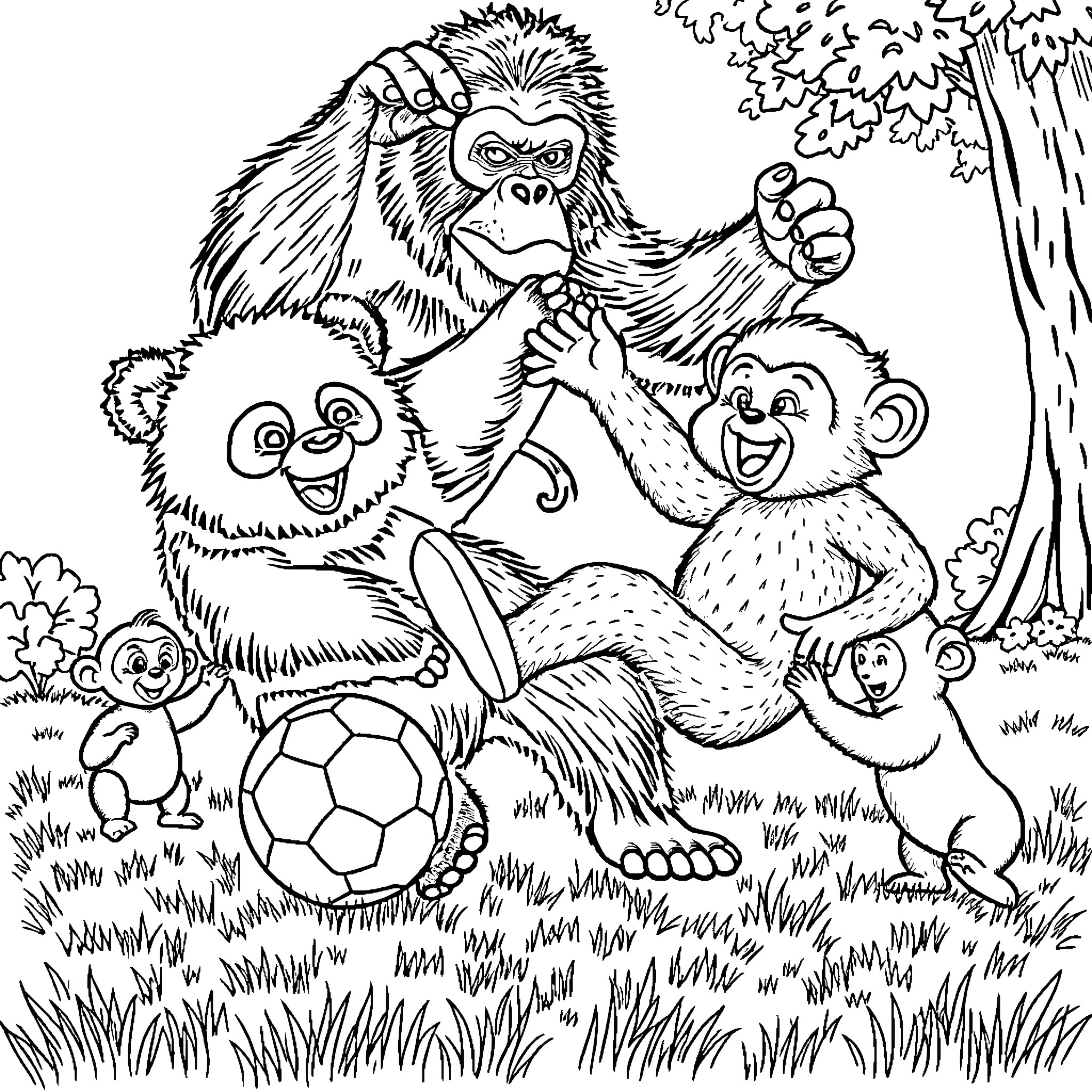 Animal Family Playing in the Jungle Coloring Page (free black-and-white line drawing printable PDF for all, from beginners to advanced learners, including children, teens, adults, and seniors)
