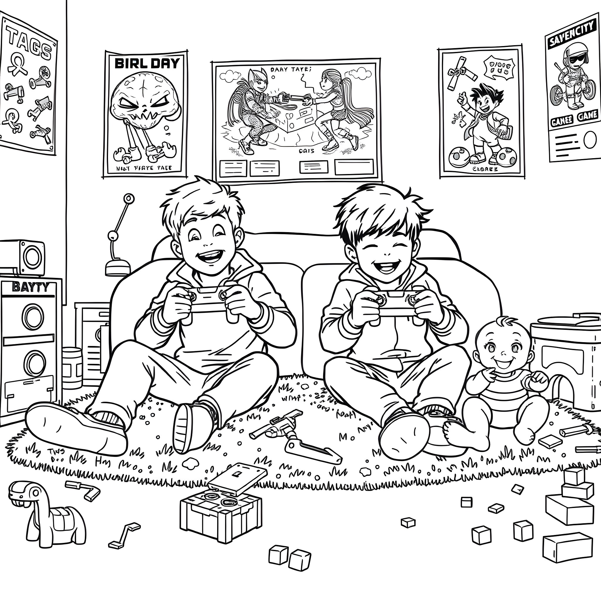 Boys playing video games in their room Coloring Page (free black-and-white line drawing printable PDF for all, from beginners to advanced learners, including children, teens, adults, and seniors)