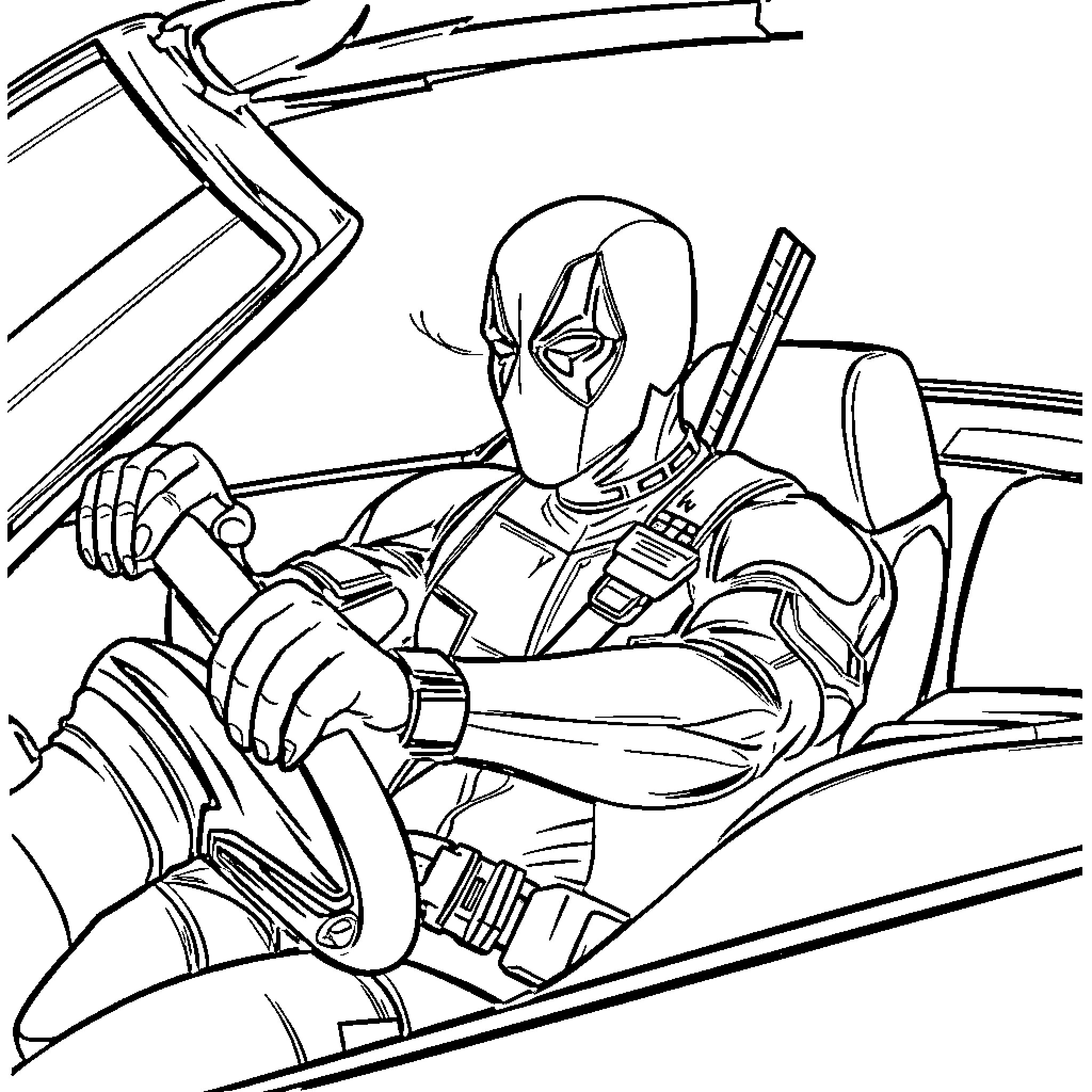 Deadpool in action-packed scene Coloring Page (free black-and-white line drawing printable PDF for all, from beginners to advanced learners, including children, teens, adults, and seniors)