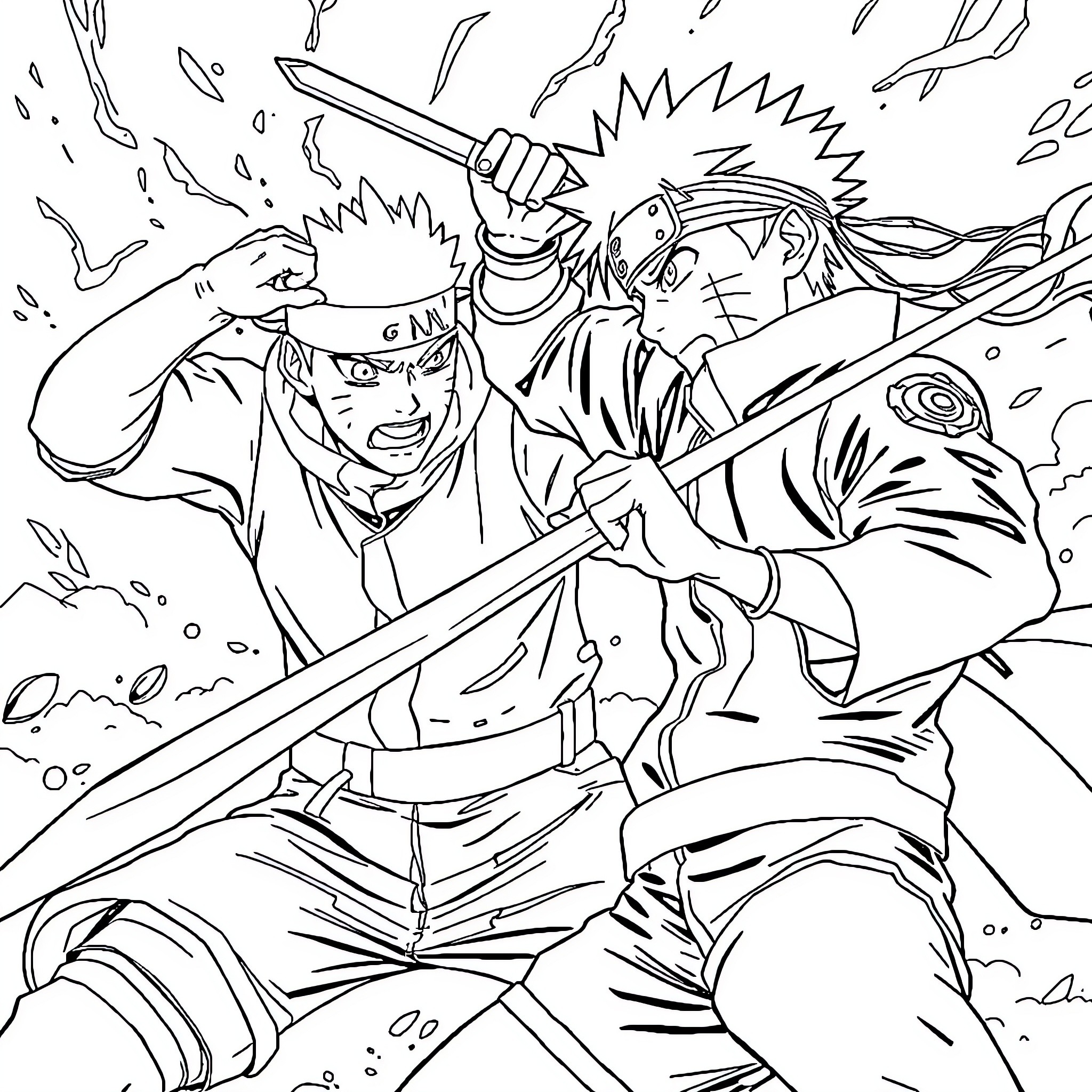 Barman engaging in intense battle with armed opponents Coloring Page (free black-and-white line drawing printable PDF for all, from beginners to advanced learners, including children, teens, adults, and seniors)